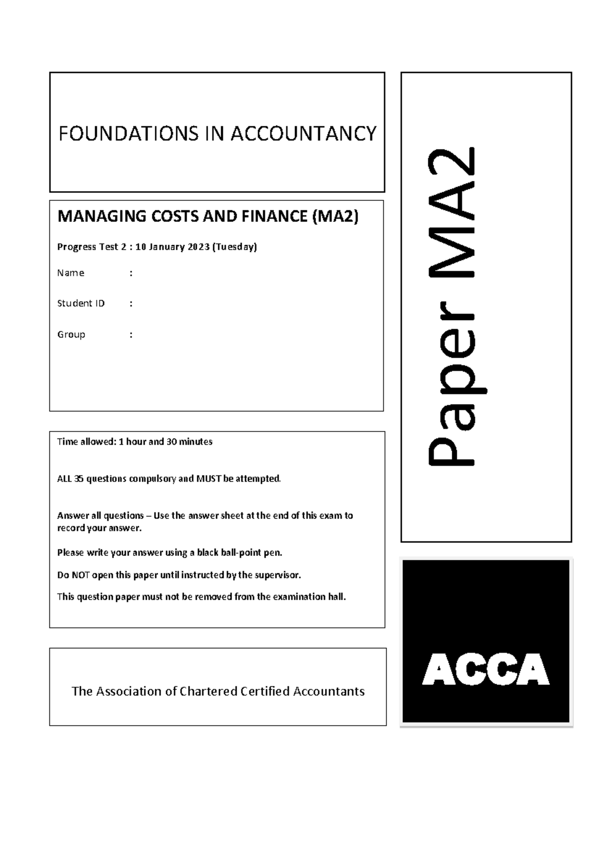 MA2 PT2 Progress Test Mock Questions - Foundations in Accountancy - Studocu