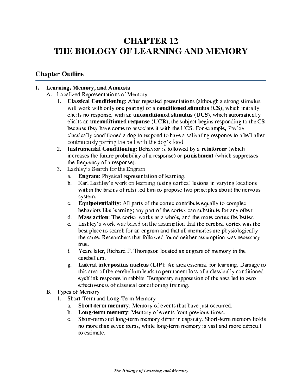Psyc 366, Chapter 12 Notes: The Biology of Learning & Memory - Studocu