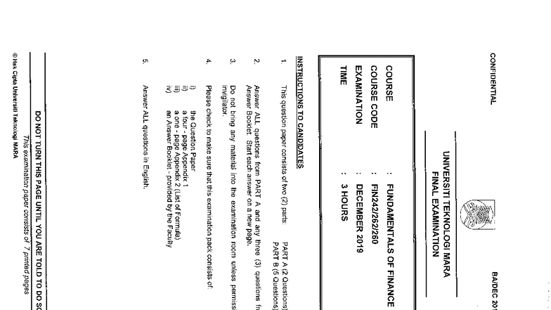 FIN242 Final Examination: Fundamentals of Finance - Dec 2019 - Studocu