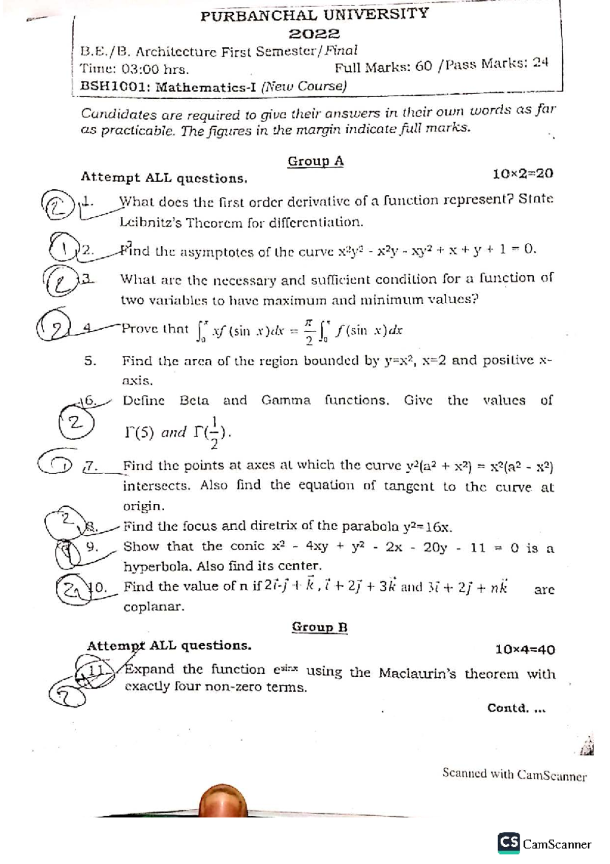 Mathematics Past Questions for PURBANCHAL UNIVERSITY B.E. 2022 Final ...