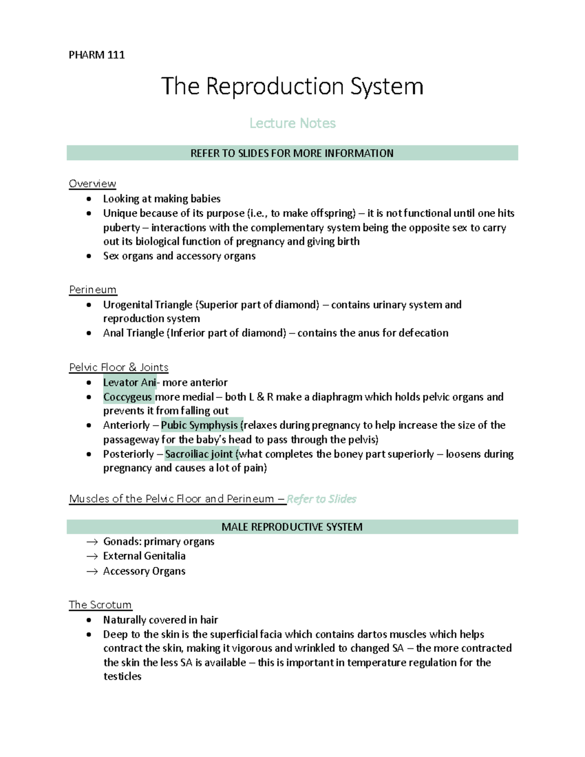Reproduction System Lecture Notes (BIOL 101) - Studocu