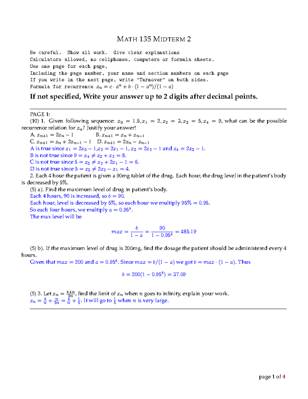 Midterm 2 solutions - MATH 135 MIDTERM 2 Be careful. Show all work ...