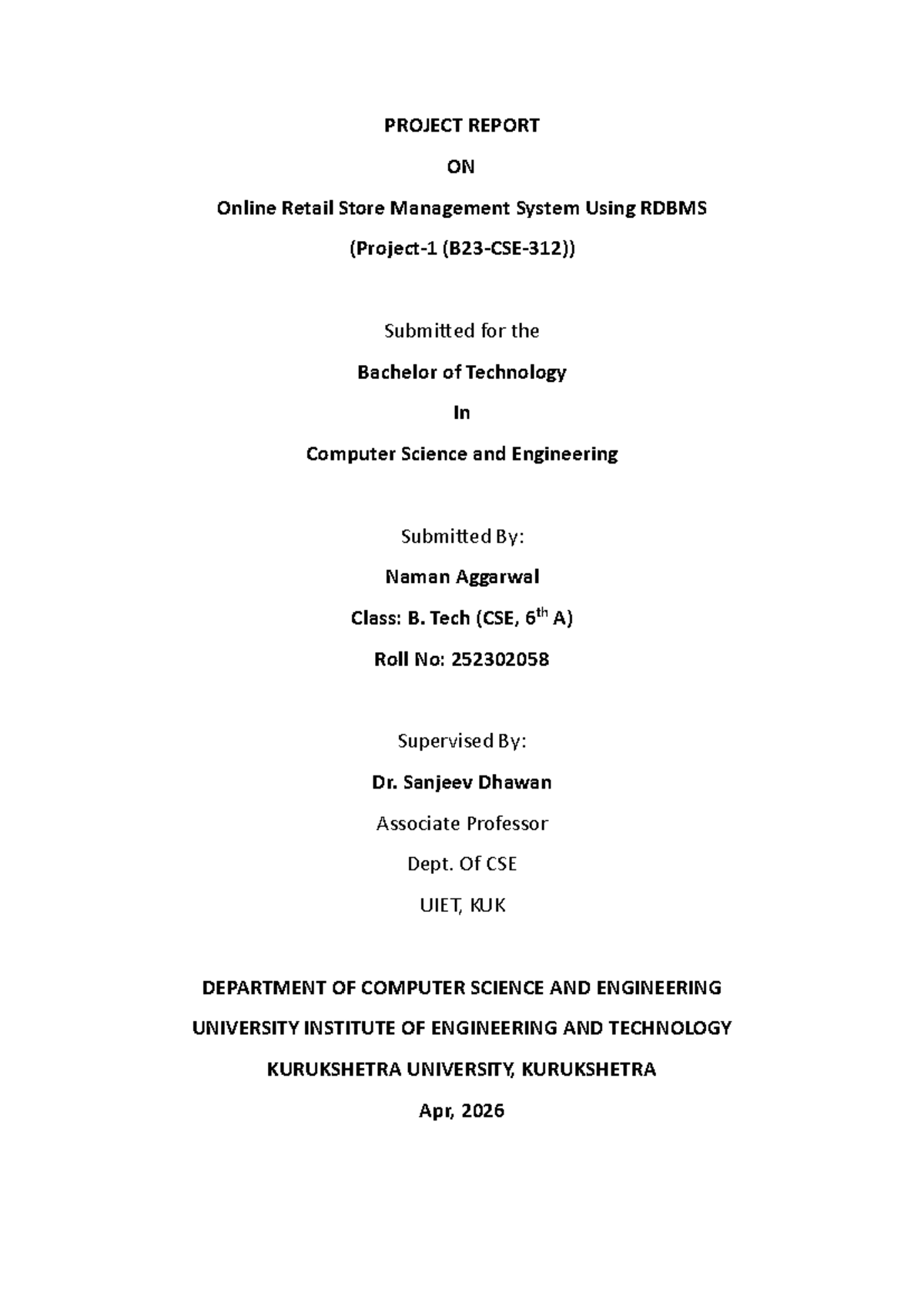 Project Report: Online Retail Store Management System (B.Tech CSE ...