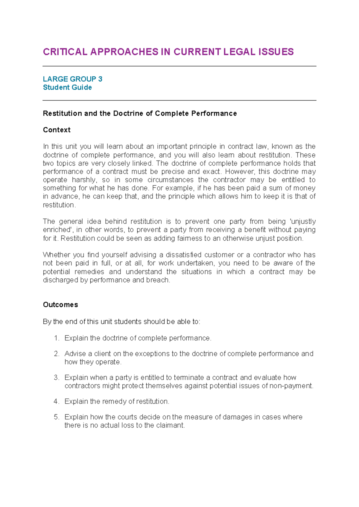 2324 CRIT LG03 CE01: Student Guide on Restitution & Performance - Studocu