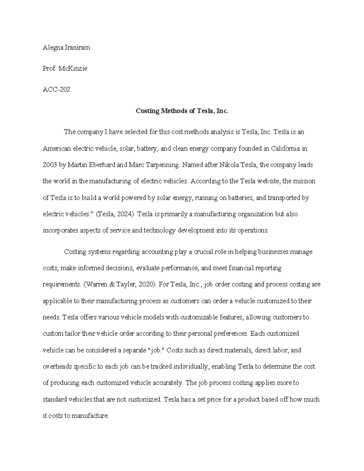 ACC 202 MOD3 - Costing Methods Analysis of Tesla, Inc. - Studocu