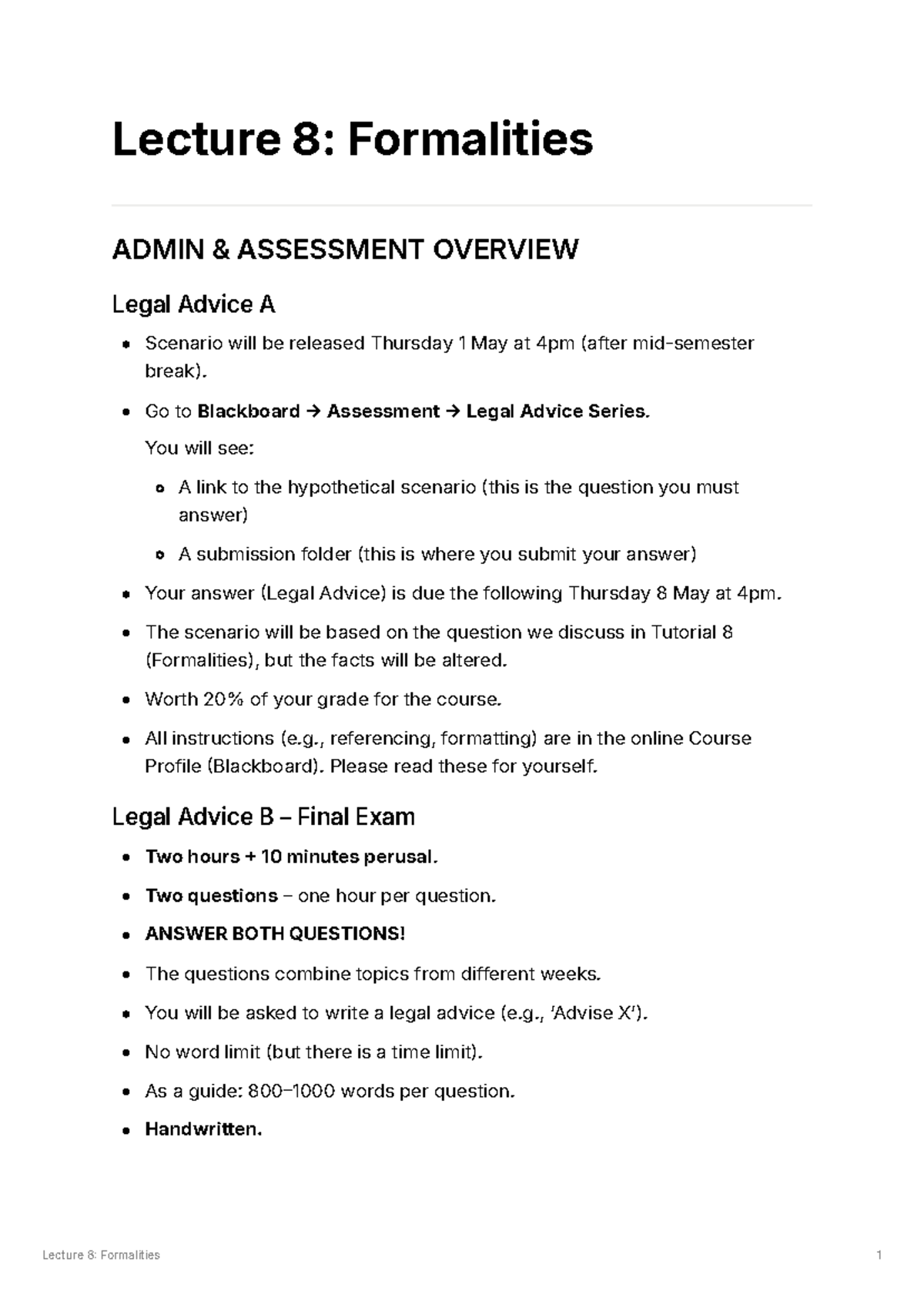 Lecture 8: Formalities in Legal Advice - Assessment Overview & Exam ...