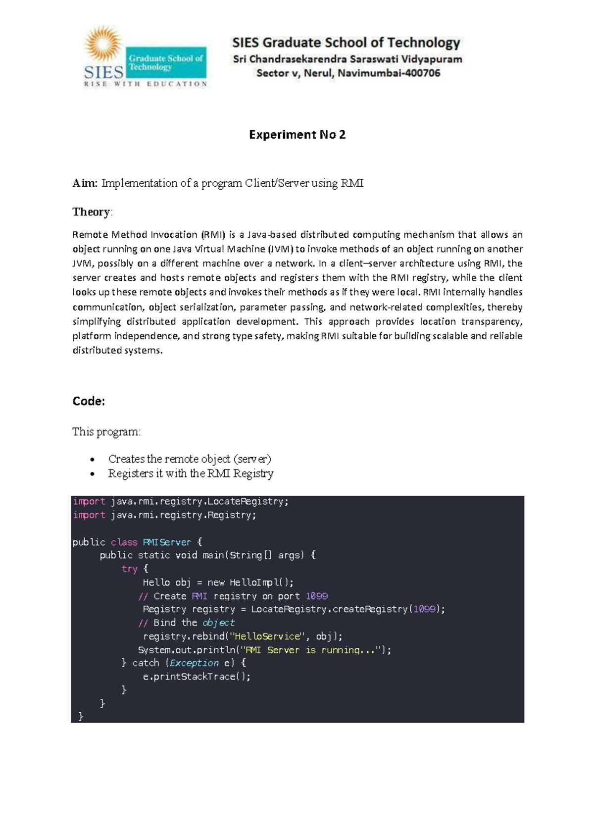 Sathish 122A1081 DC Expt 2: Java RMI Implementation and Analysis - Studocu