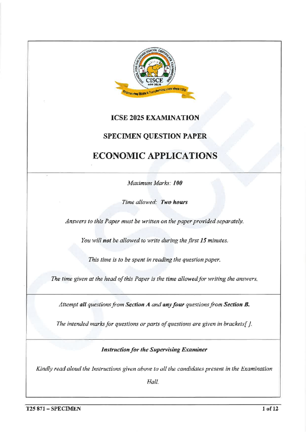 ICSE 2025 Specimen Question Paper & Marking Scheme for EAS - Studocu