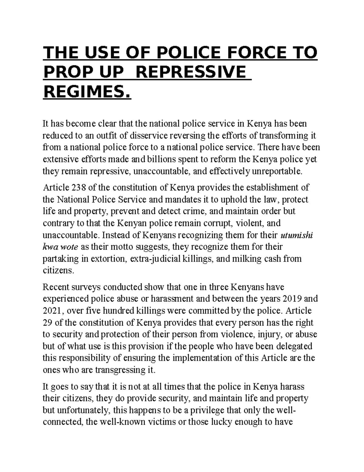 THE USE OF Police Force TO PROP UP Repressive Regimes - THE USE OF ...