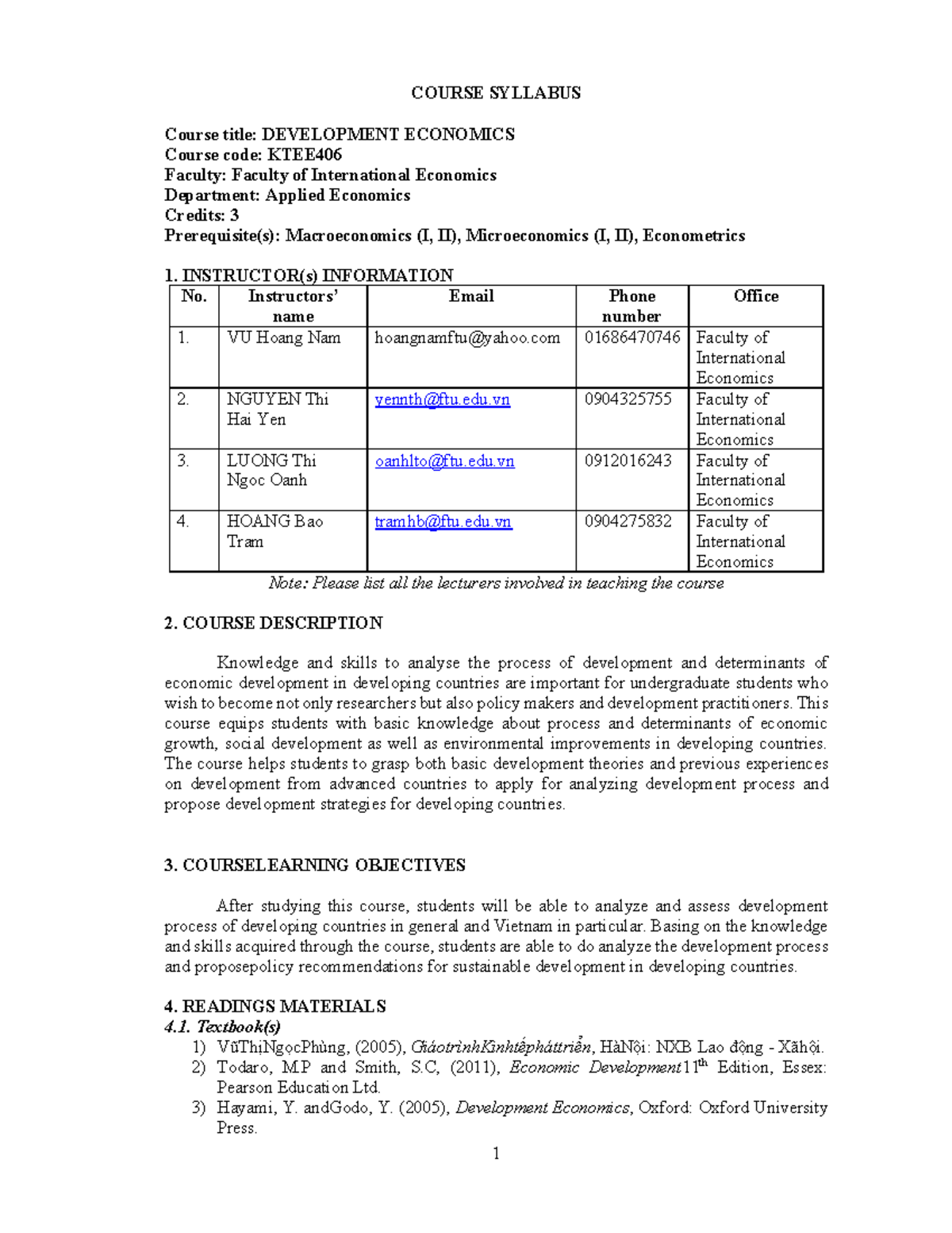 Syllabus KTEE406 Development Economics - Course Overview & Details ...