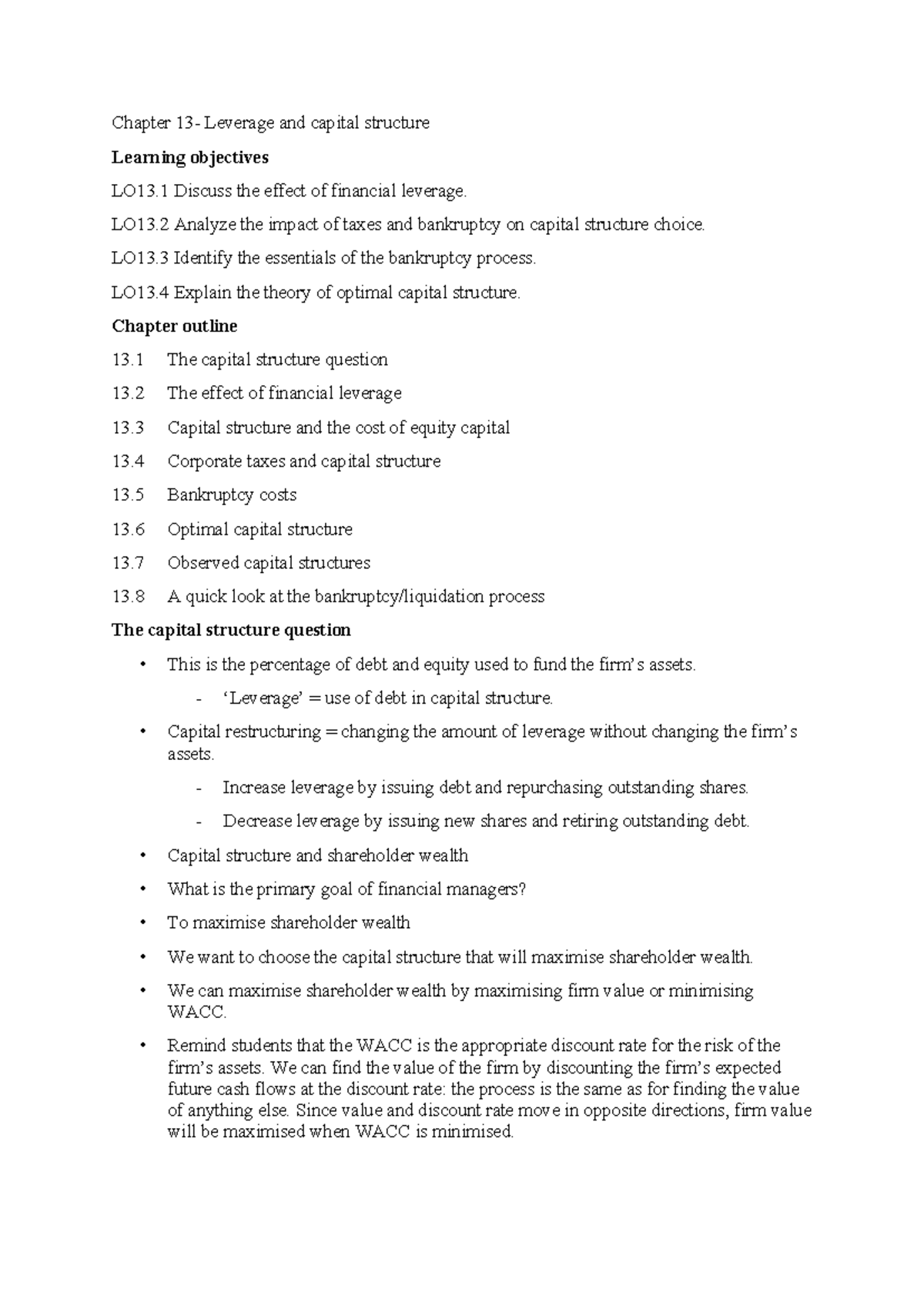 Chapter 13A - Leverage & Capital Structure Notes - Studocu