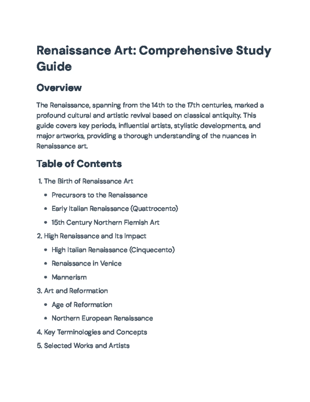 Renaissance Art Terms & Definitions: Study Guide for ART 101 - Studocu