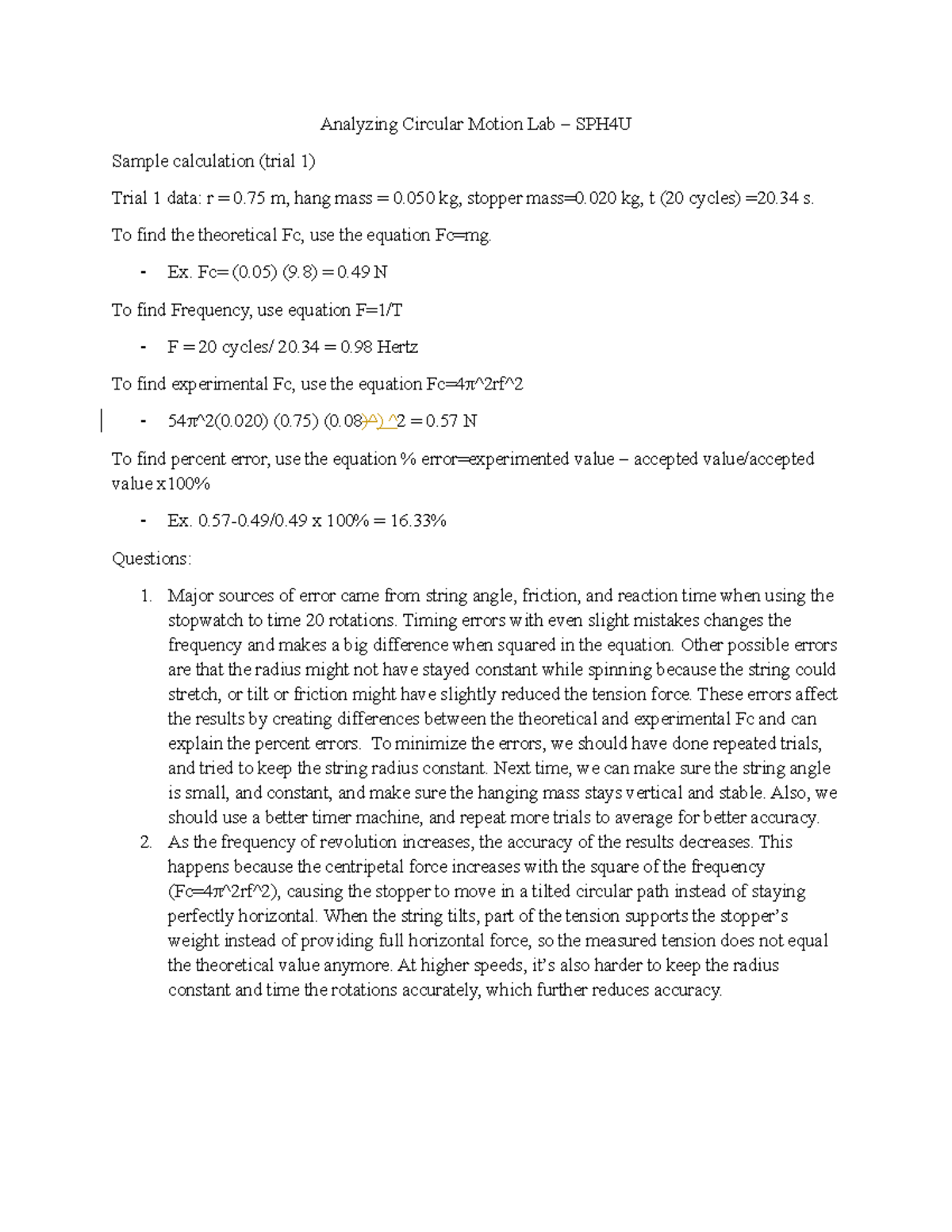 Circular Motion Lab Analysis - SPH4U Trial 1 Results and Errors - Studocu