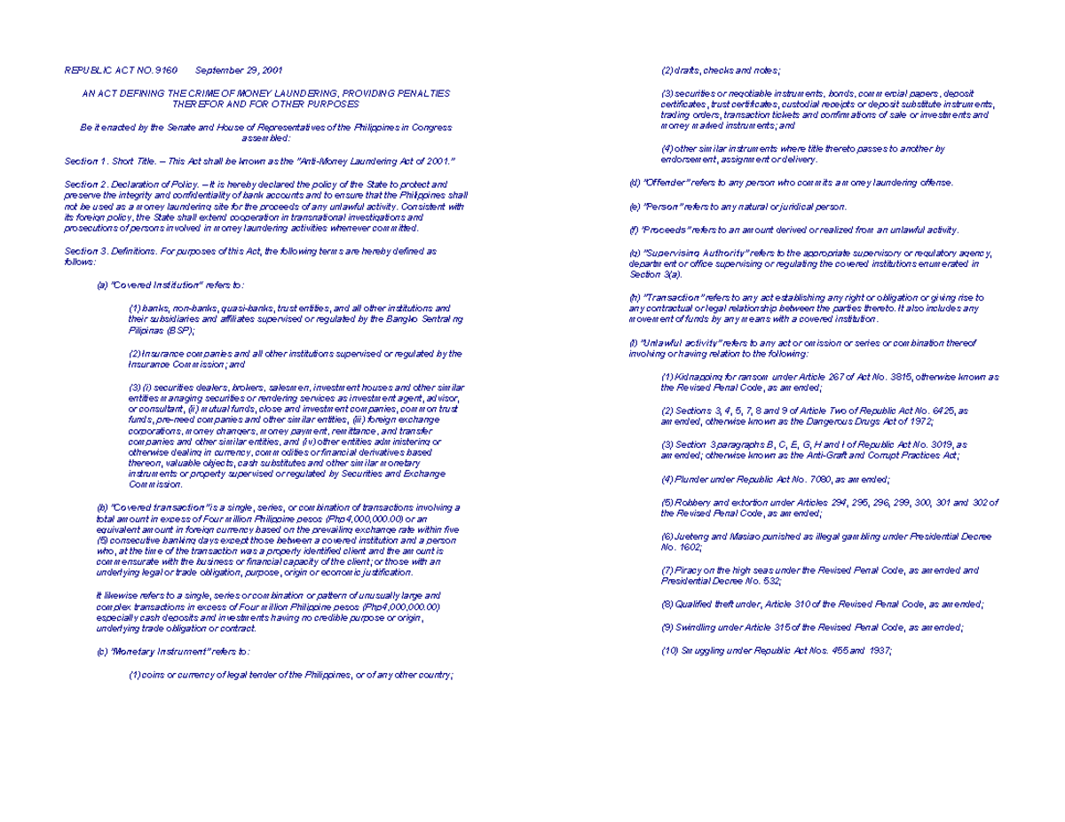 RA 9160 - The Money Laundering Act: Definitions and Penalties - Studocu