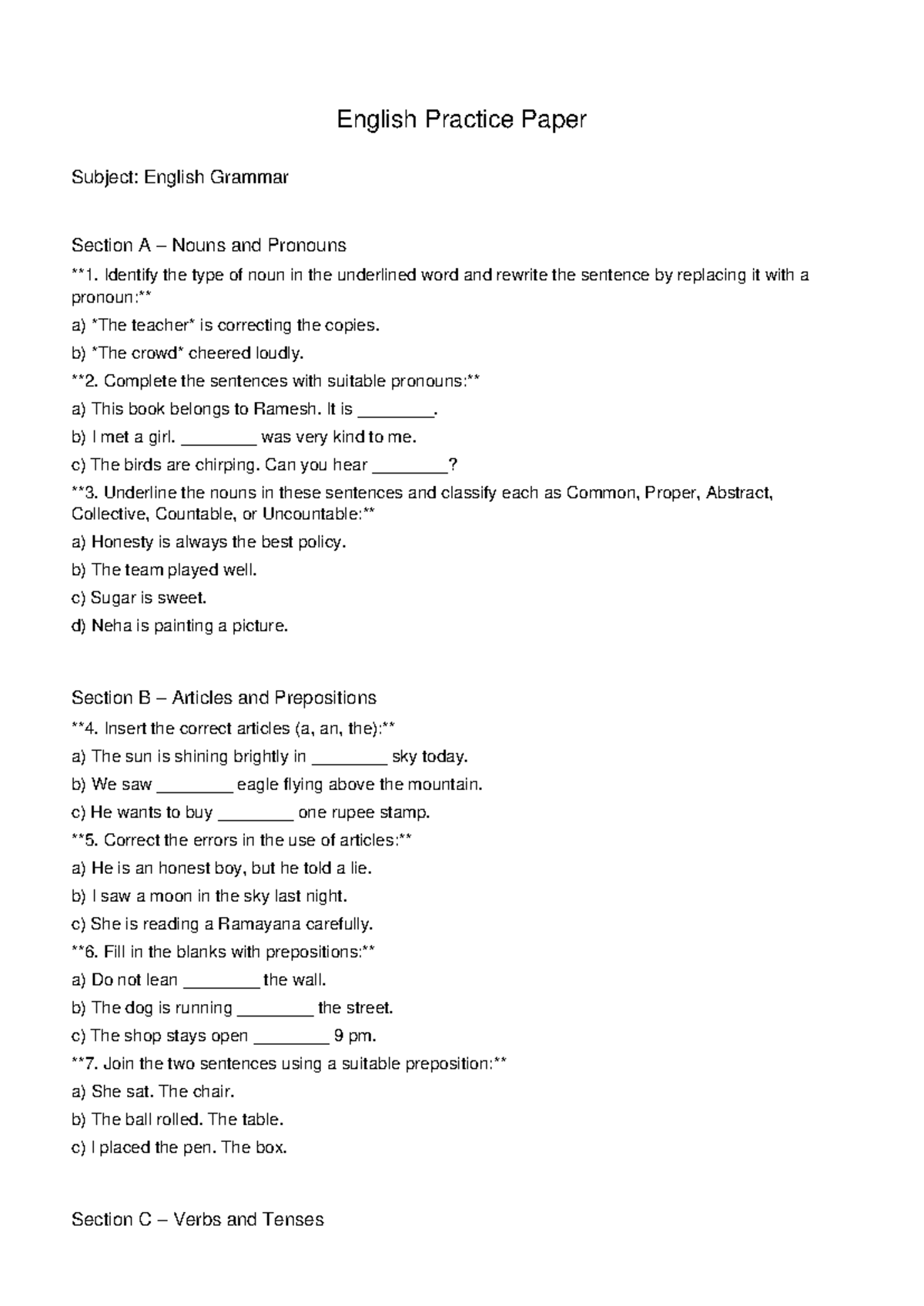English Practice Paper: Grammar Focus on Nouns, Verbs, and Adjectives ...