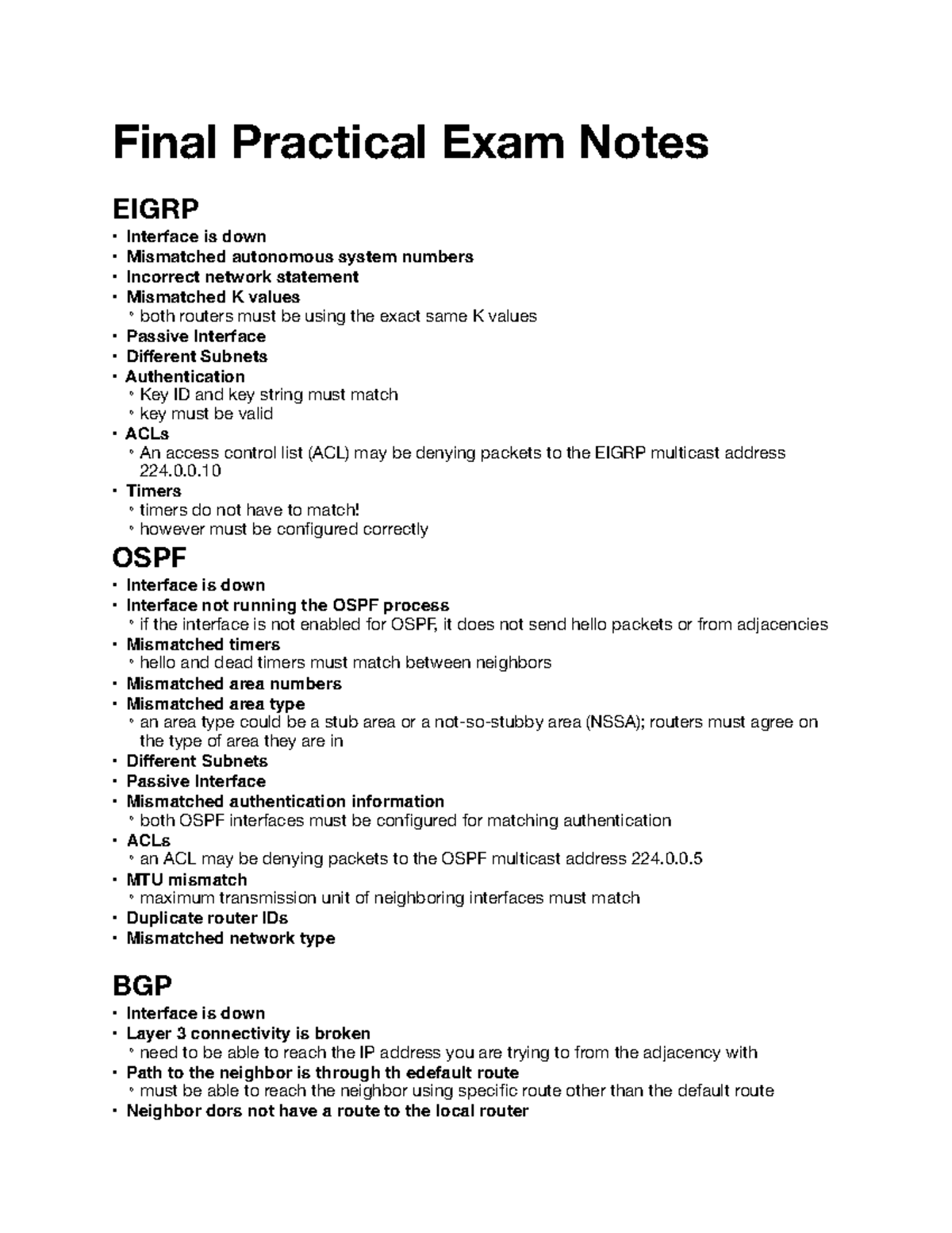 Final Practical Exam Notes: EIGRP, OSPF, and BGP Issues - Studocu