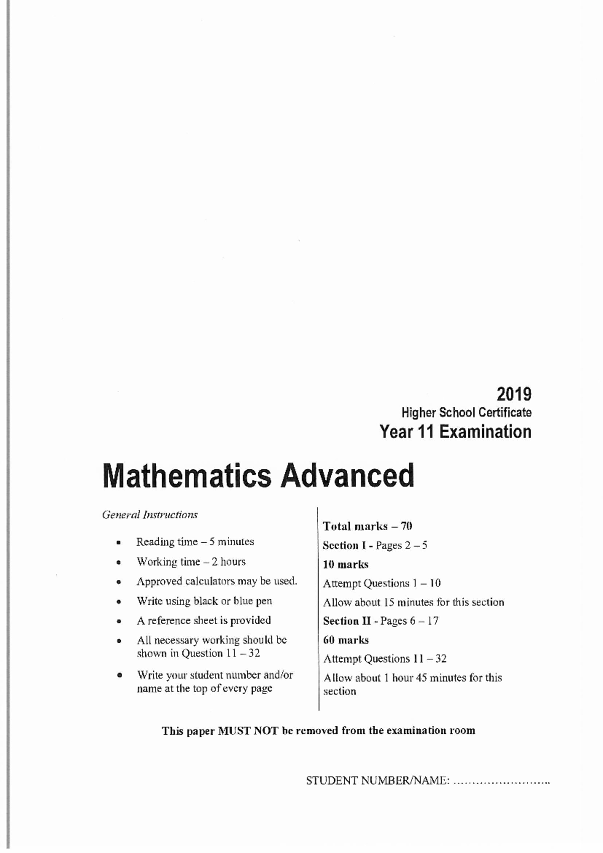 Independent Mathematics Advanced Exam 2019 - Year 11 HSC - Studocu
