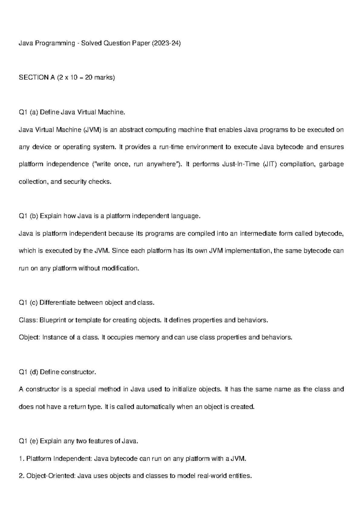 Java Programming Solved Question Paper 2023-24 - Studocu