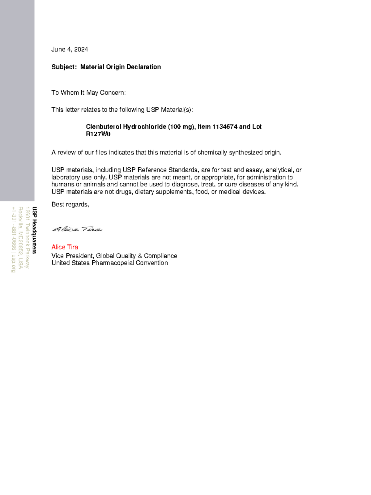 Chemical Synthesis - USP Material Origin Declaration Letter - Studocu