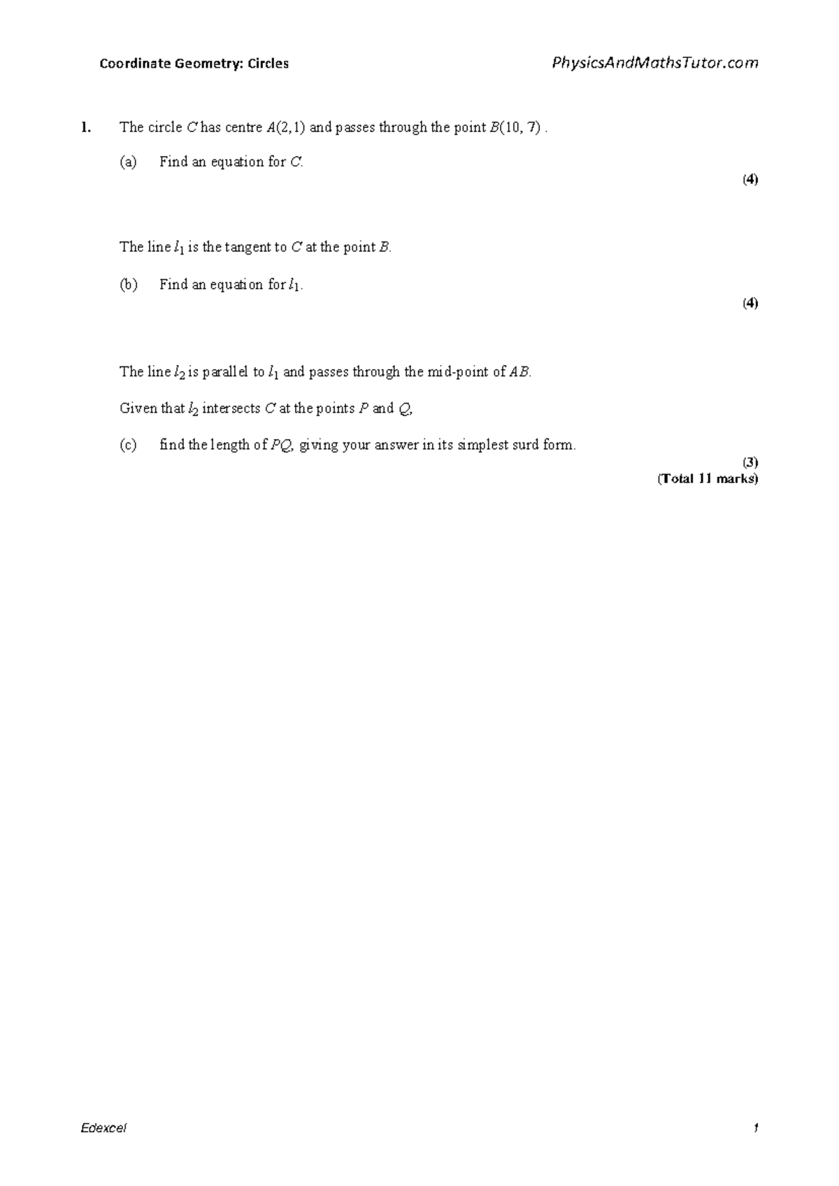 Coordinate Geometry: Circles Edexcel 1-11 Study Notes - Studocu