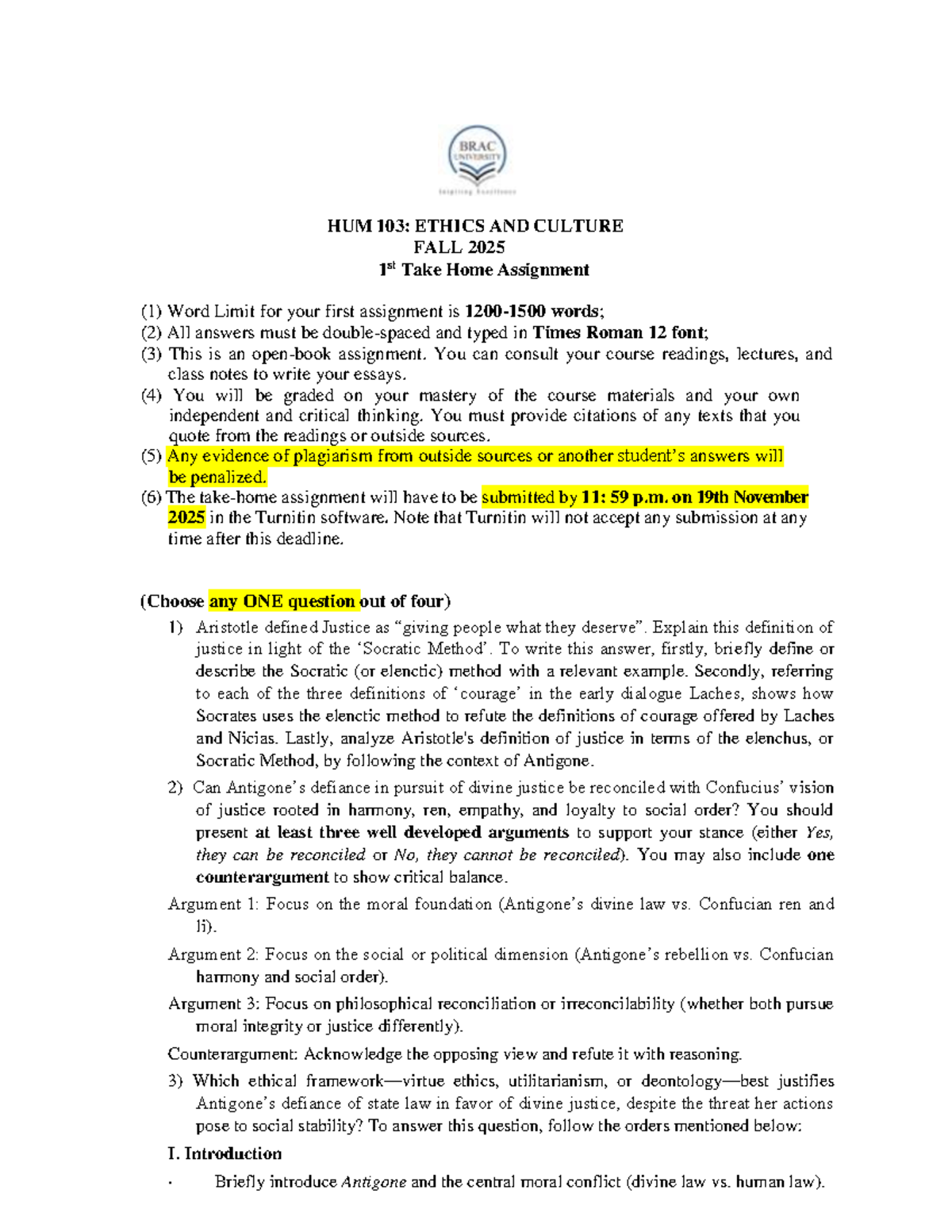 HUM 103: Fall 2025 Take Home Assignment on Ethics and Justice - Studocu