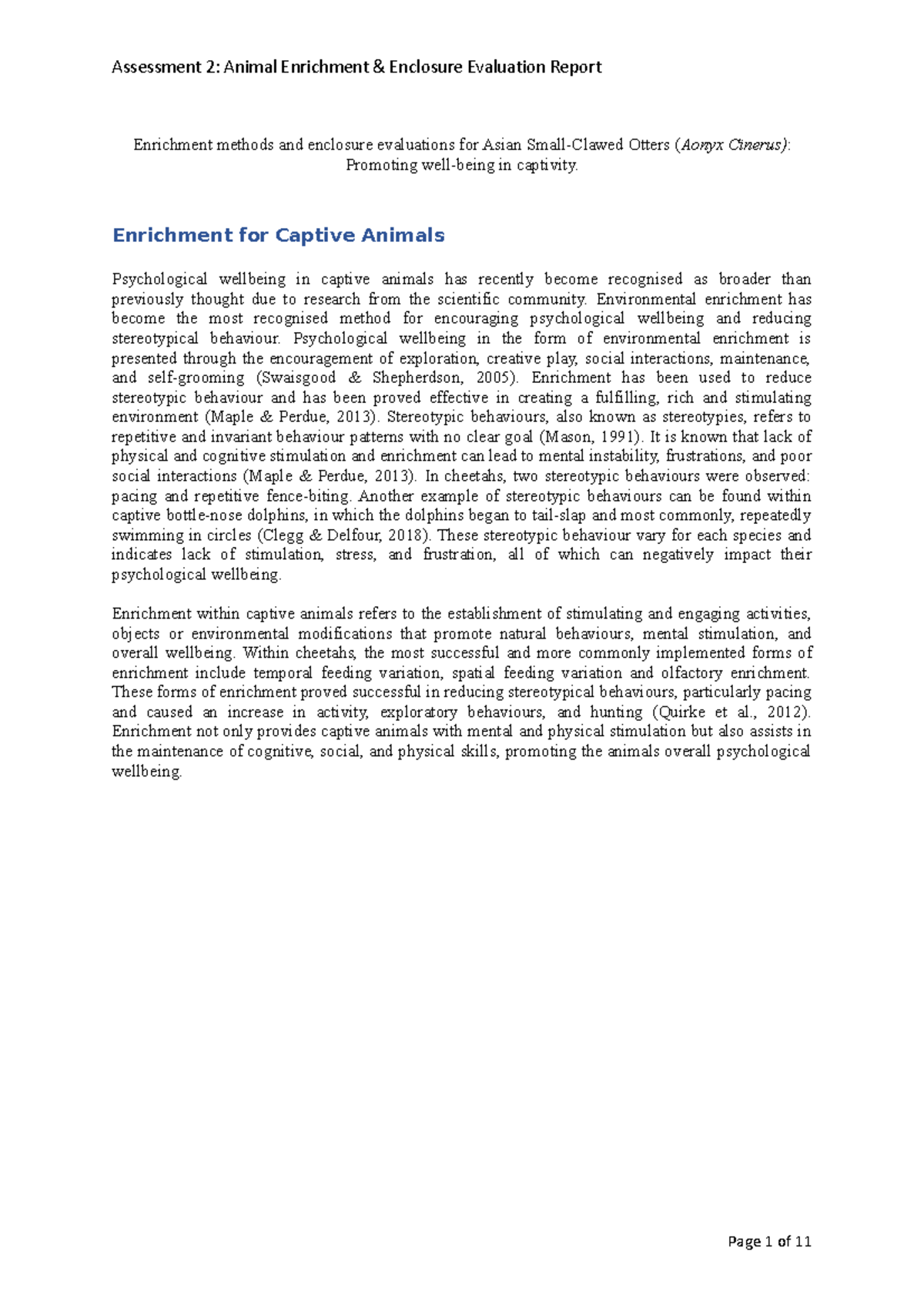 Animal Enrichment and Enclosure Evaluation Report for Aonyx Cinerus ...