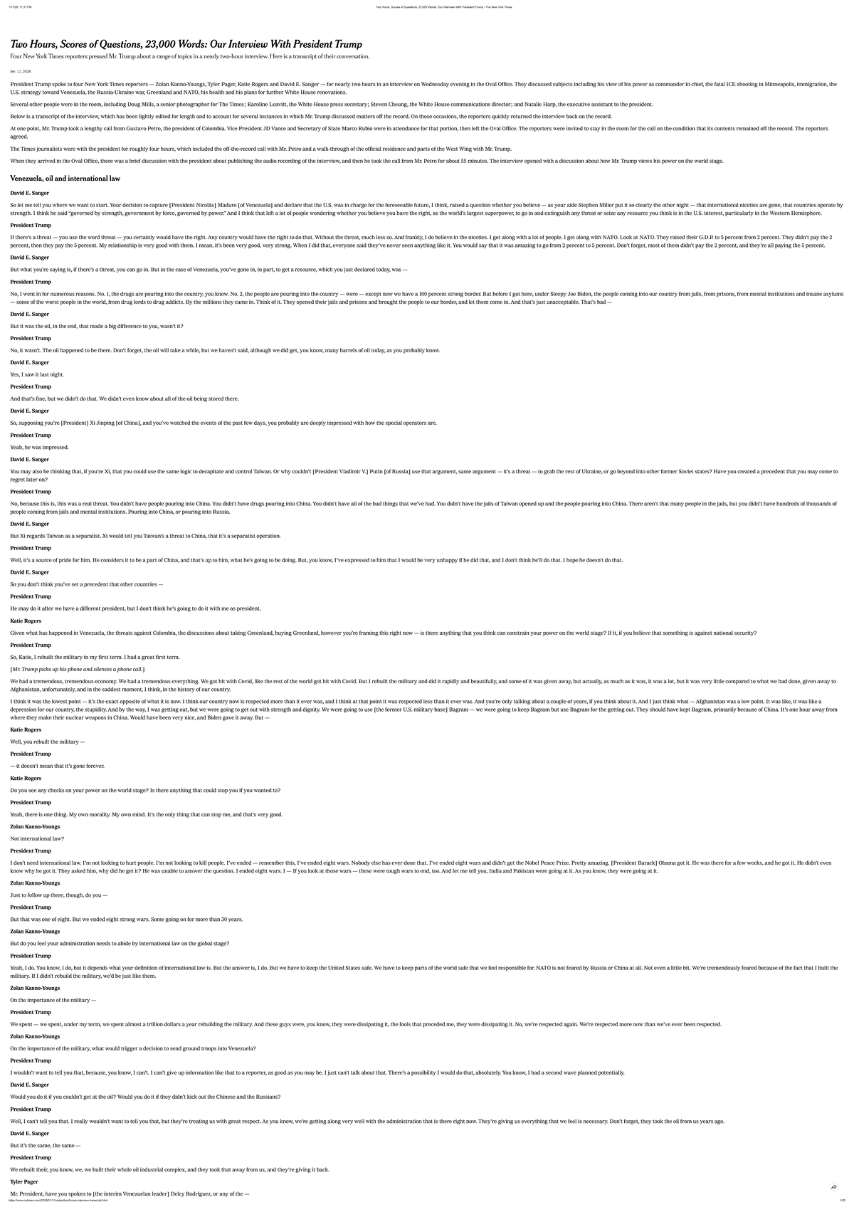 **POLS 101: Transcript of Interview with President Trump - The New York ...