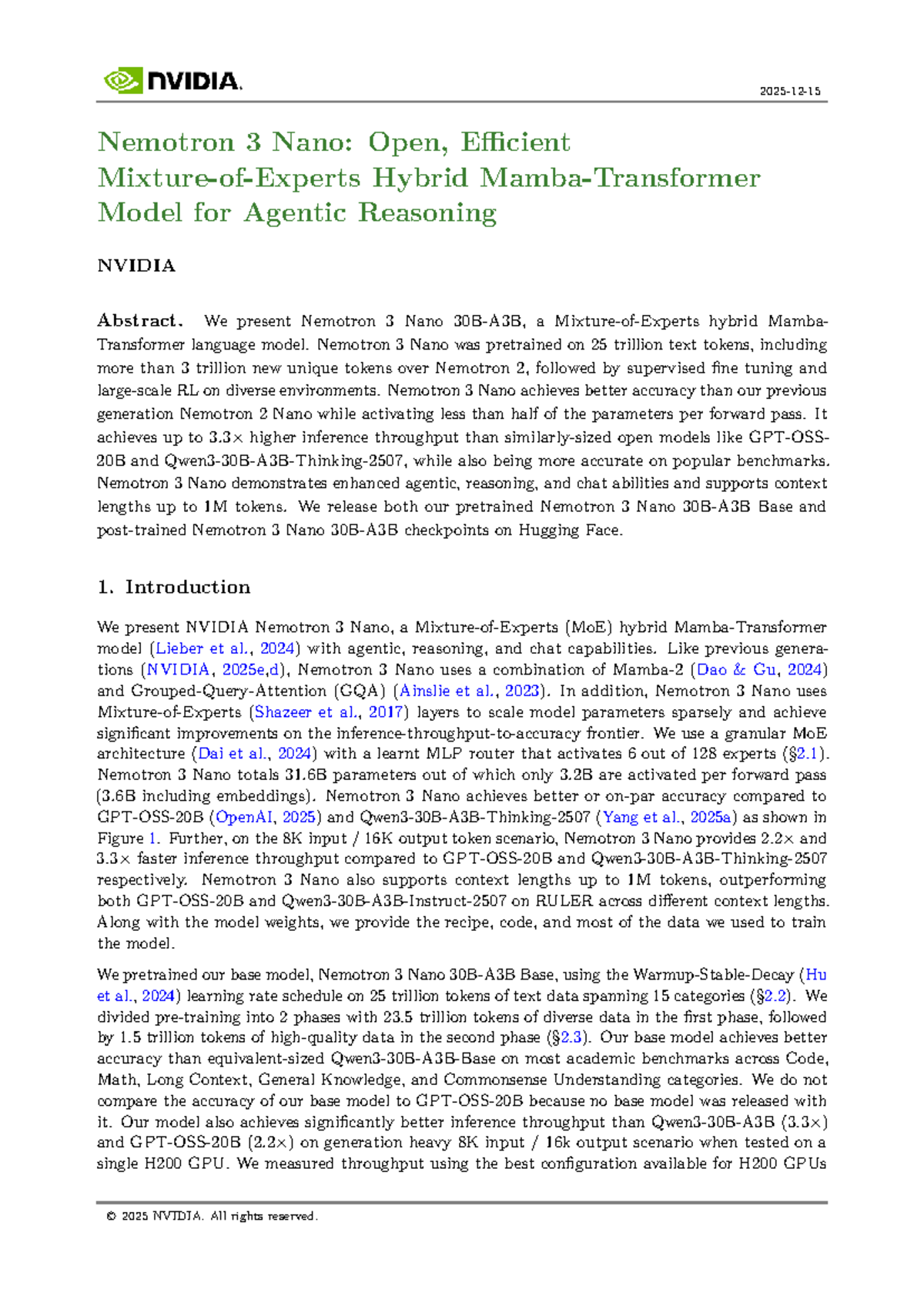 NVIDIA Nemotron 3 Nano: Advanced Hybrid Model for Agentic Reasoning ...