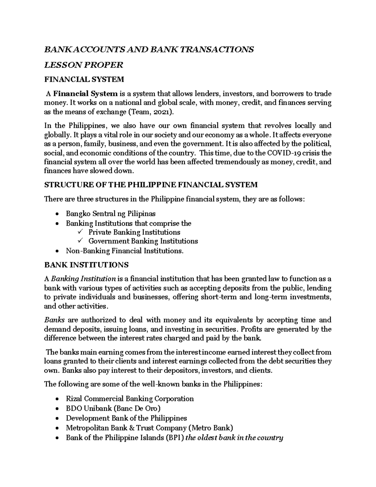 BANK ACCOUNTS AND TRANSACTIONS LESSON: UNDERSTANDING THE PHILIPPINE ...