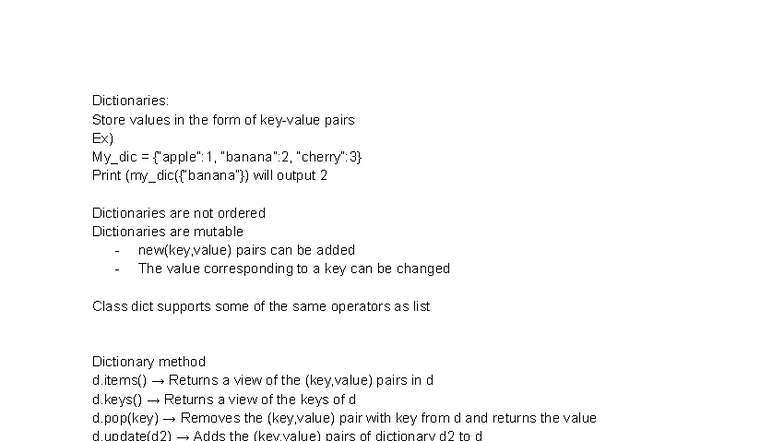 Dictionaries and Sets in Python: Key Concepts and Methods - Studocu