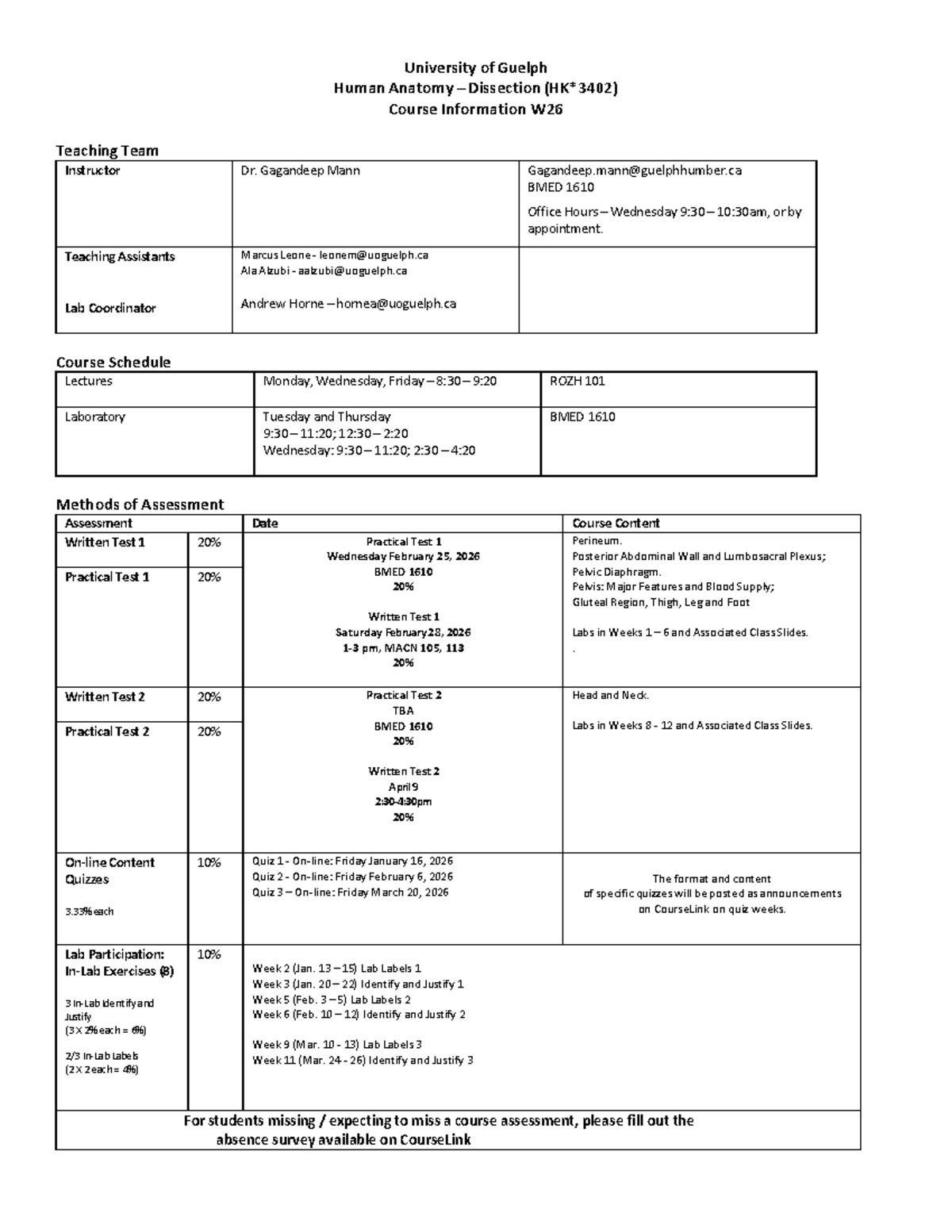 BMED 1610 Human Anatomy Dissection Course Info & Lab Schedule W26 - Studocu