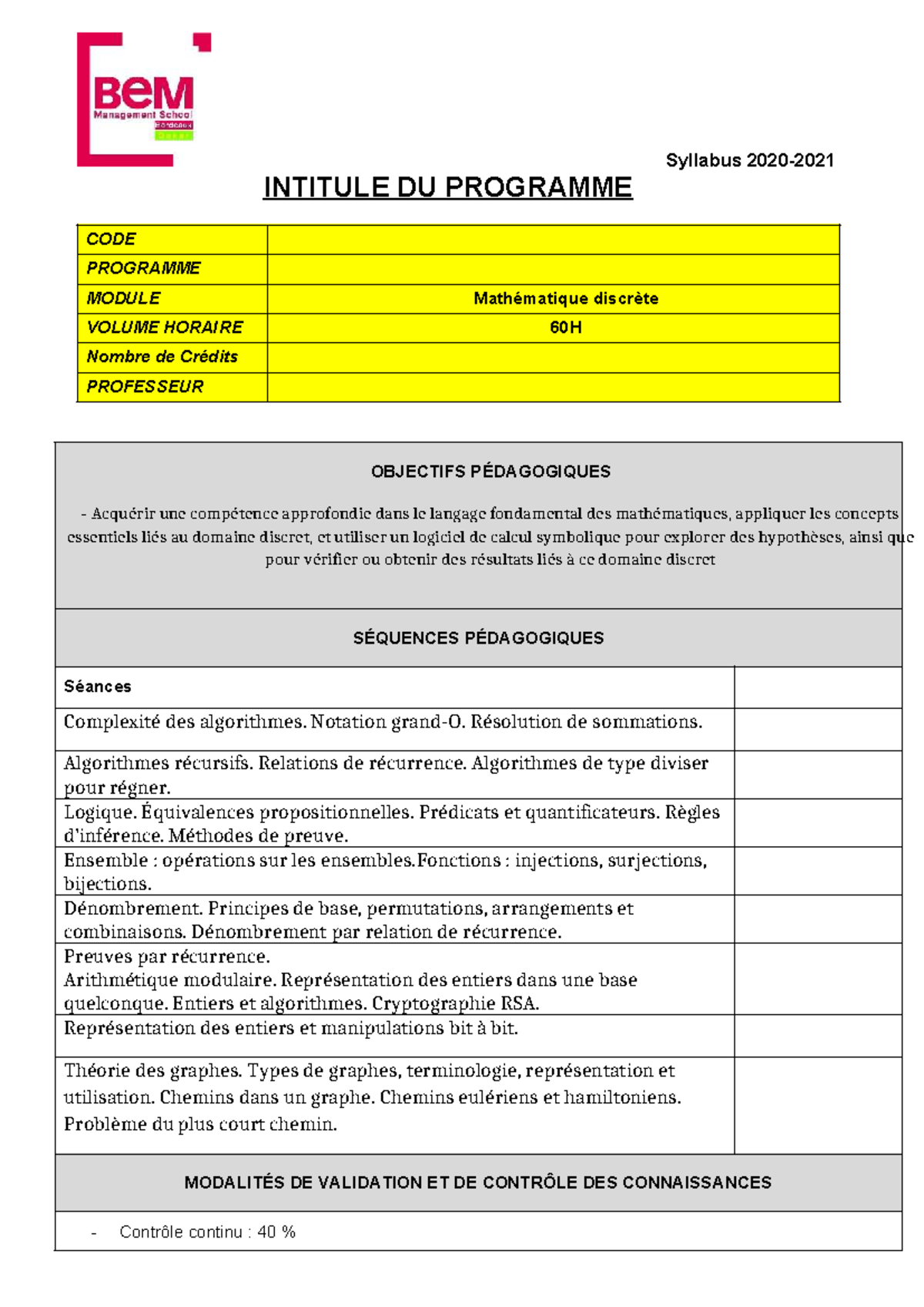 Syllabus Mathématique Discrète - CODE PROGRAMME MODULE 60H - Studocu