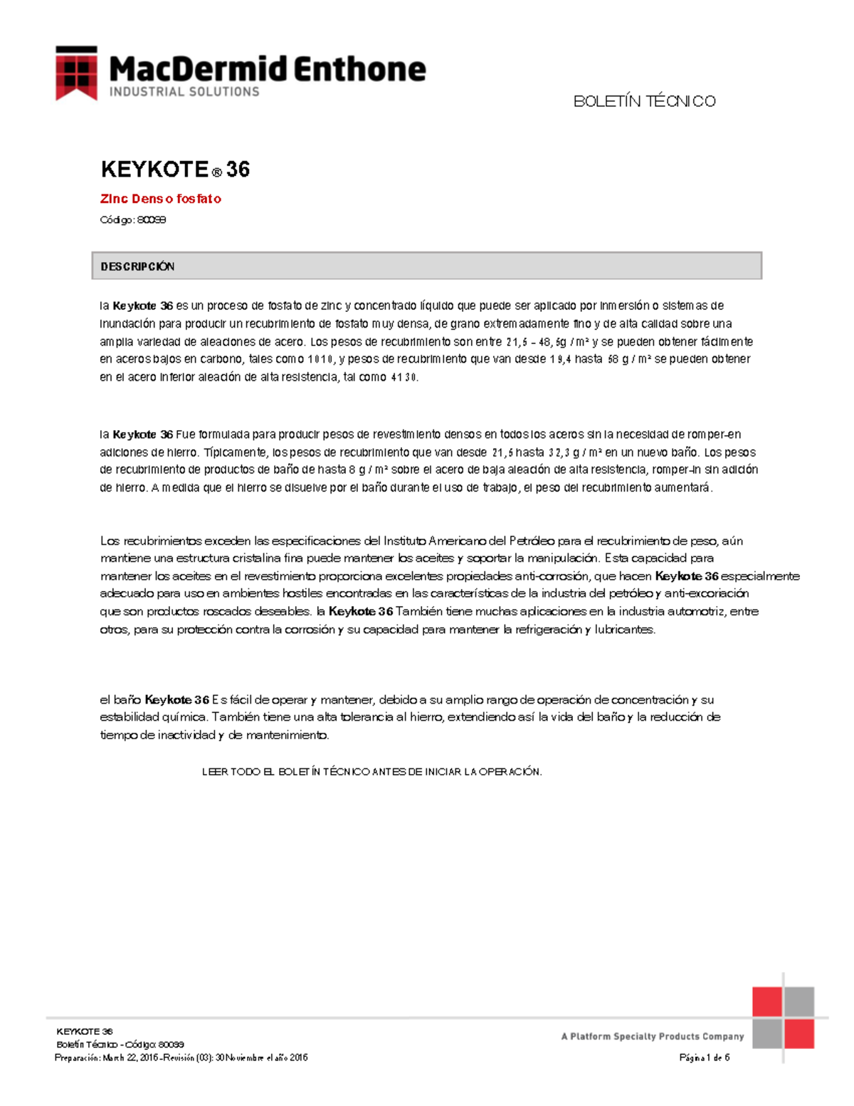 B-CC-019 Boletín Técnico: Proceso de Fosfatizado KEYKOTE 36 - Studocu