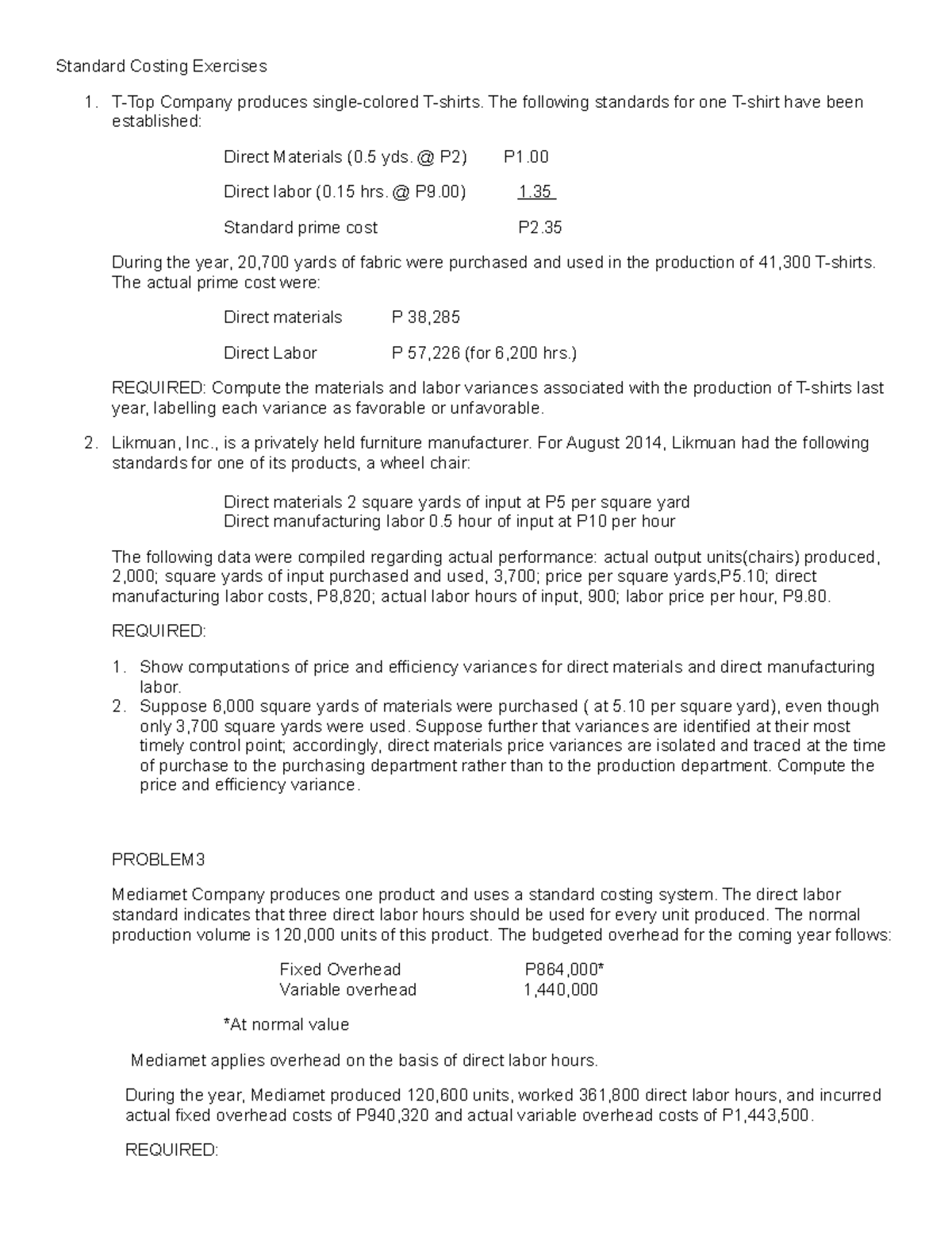 355487897 Standard Costing Exercises - Standard Costing Exercises T-Top ...