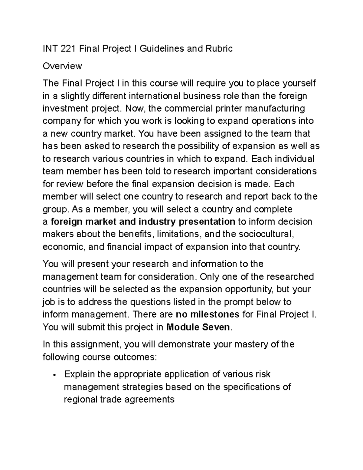 INT 221 Final Project I: Country Expansion Research Guidelines - Studocu