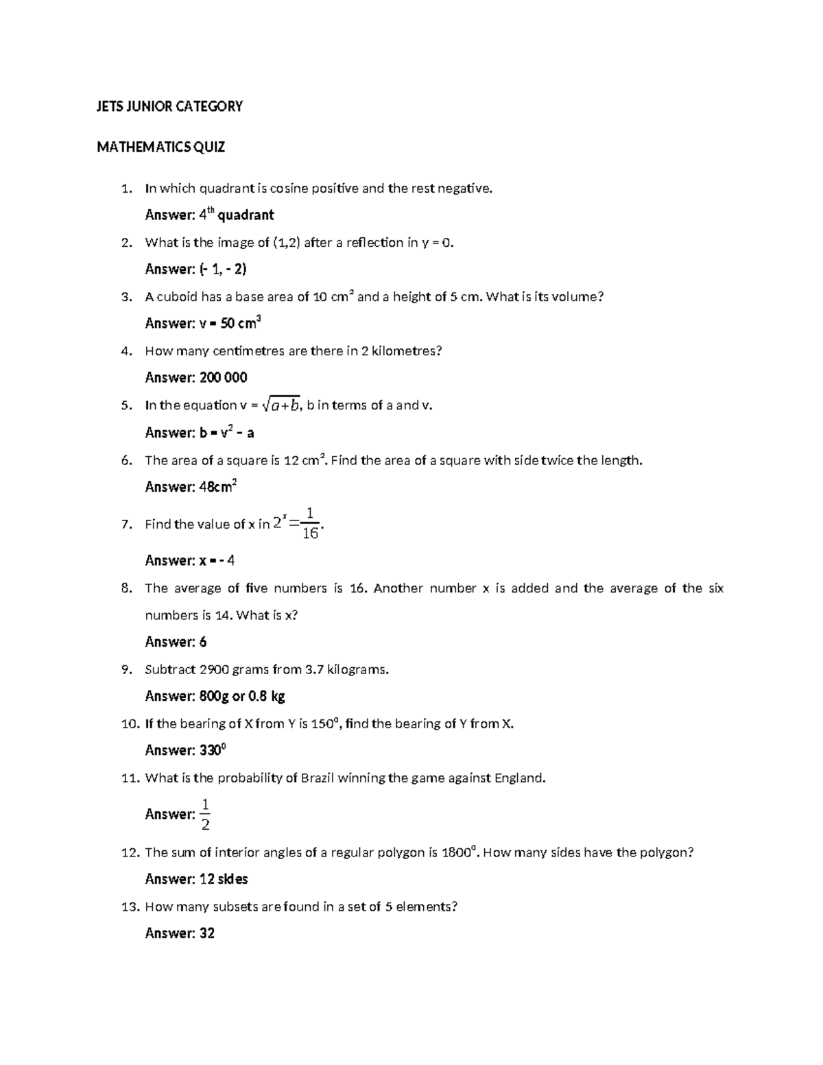 JETS Junior Category Mathematics Quiz Solutions and Answers - Studocu