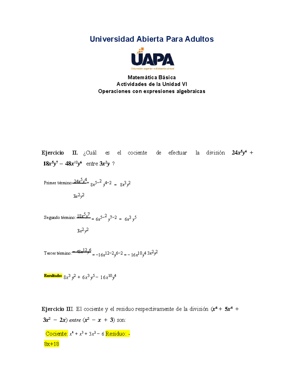 Matemática Tarea 6: Ejercicios de Expresiones Algebraicas - Studocu