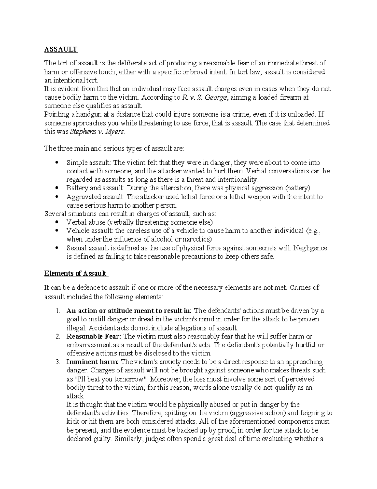 ASSAULT Torts: Understanding the Elements and Types of Assault - Studocu