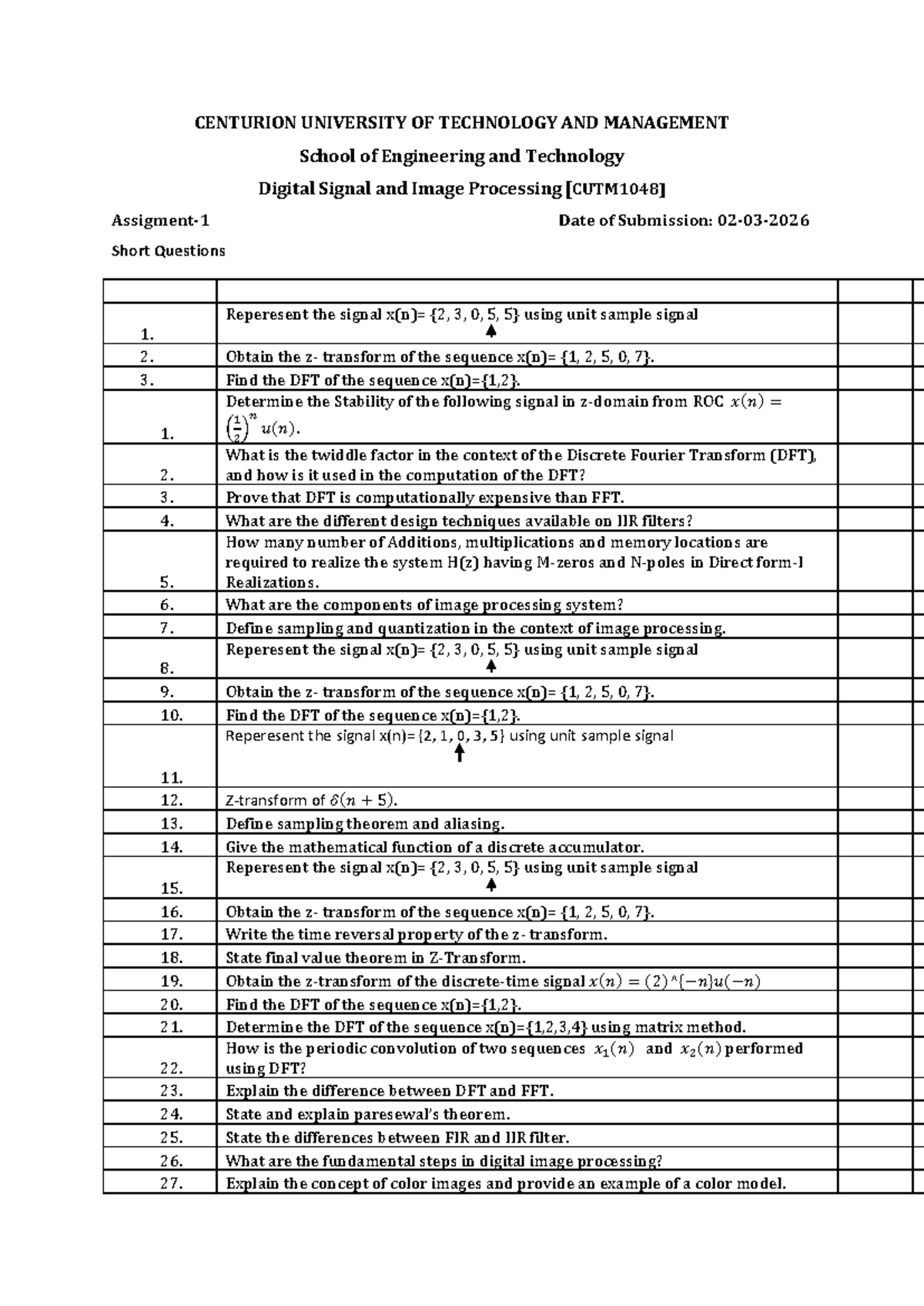 Digital Signal and Image Processing - Assignment 2 (DSS) - Studocu