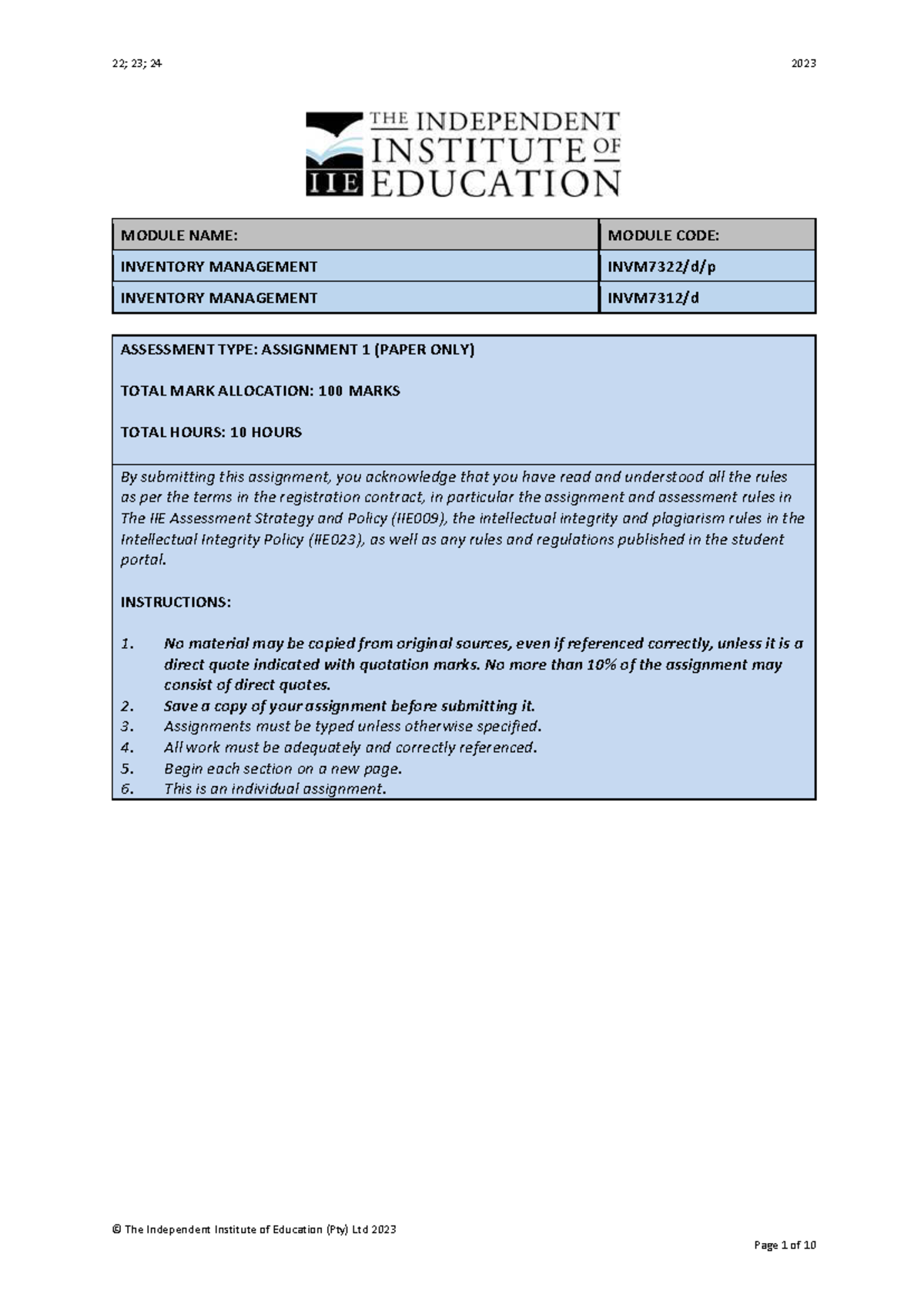 INVM7322A1 FT S2 - Inventory Management Assignment 1 Question Paper ...