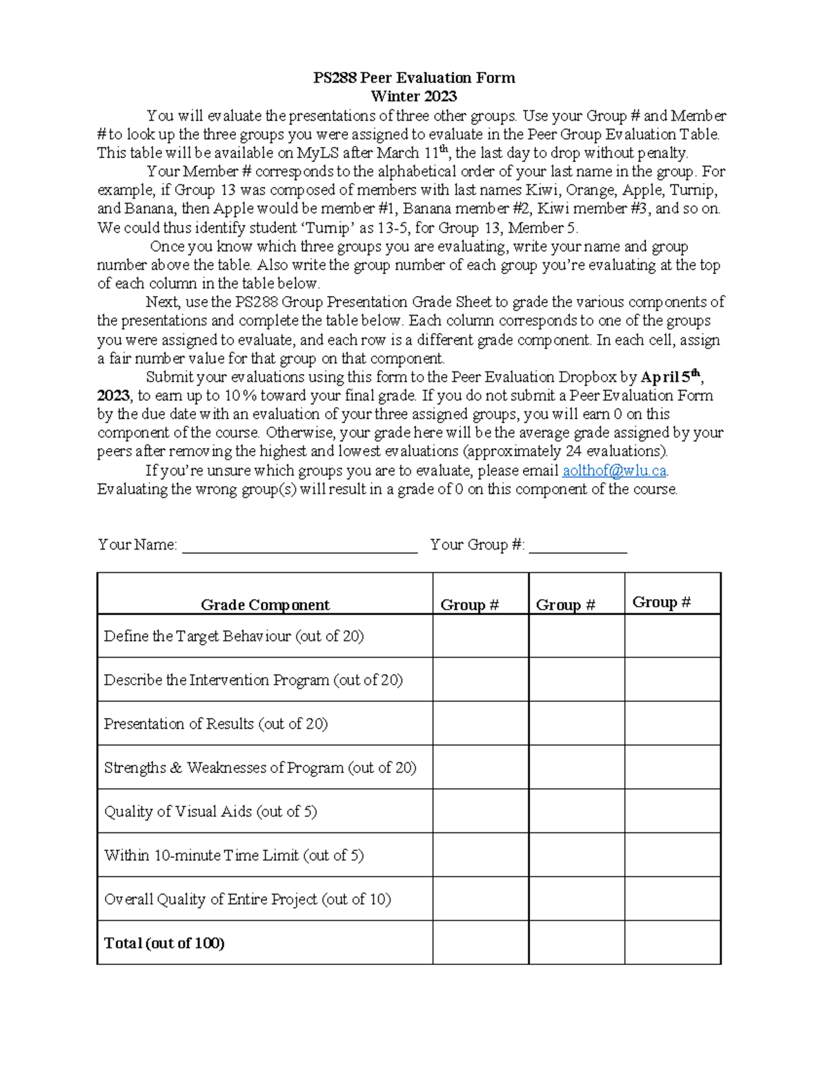 PS288 Winter 2023 Peer Evaluation Form for Group Presentations - Studocu