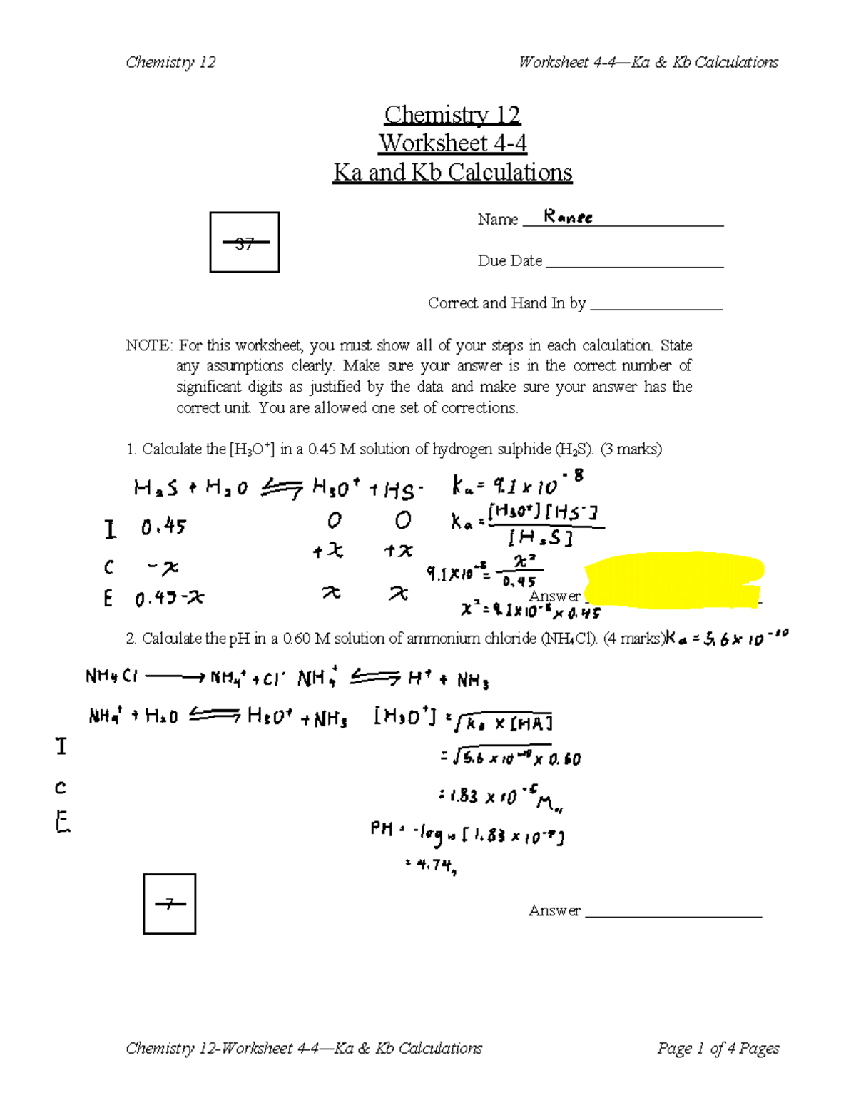 Chemistry 12 Worksheet: Kb and Ka Calculations Guide - Studocu