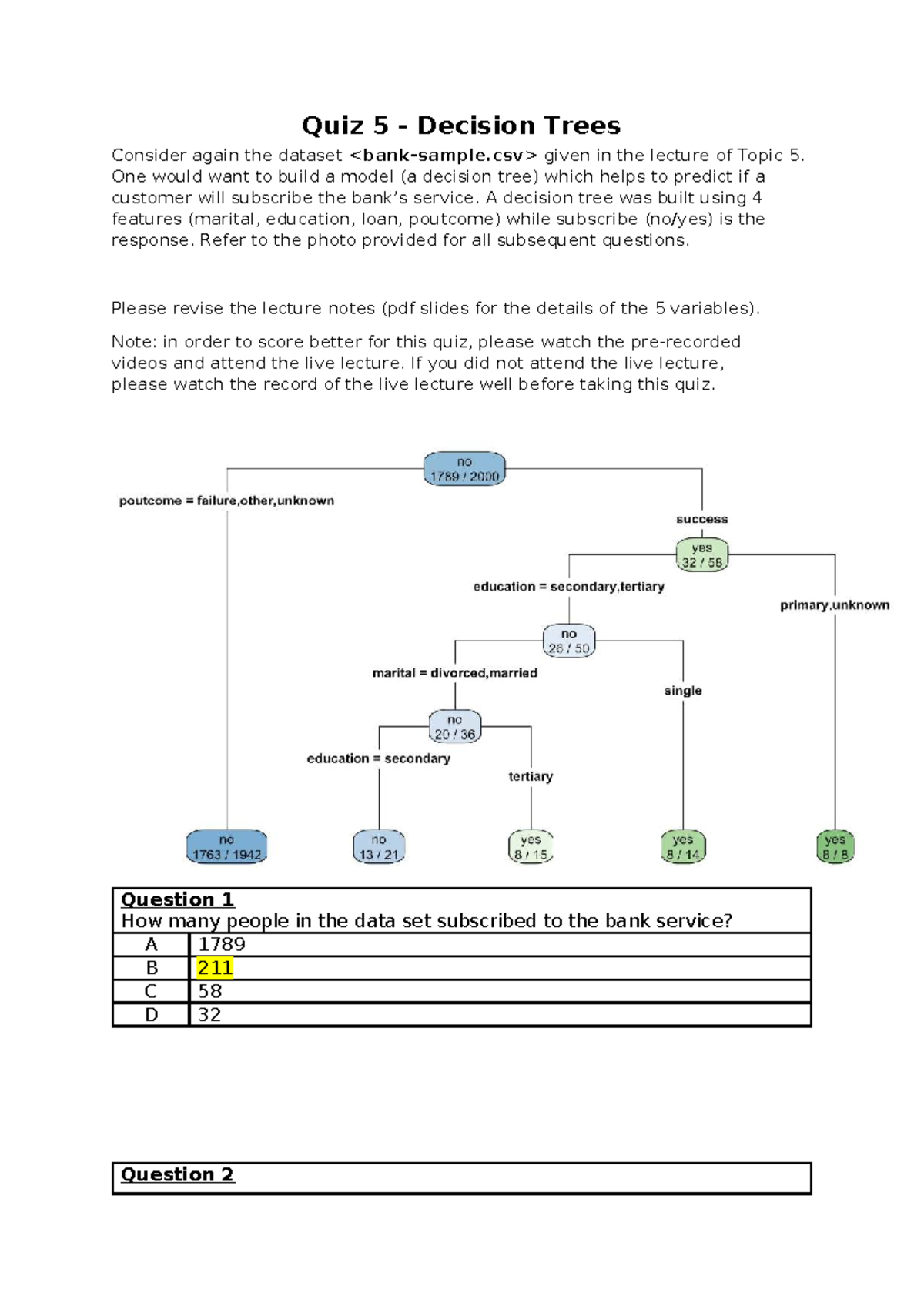 Quiz 5: Decision Trees Analysis for Week 6 Topics - Studocu