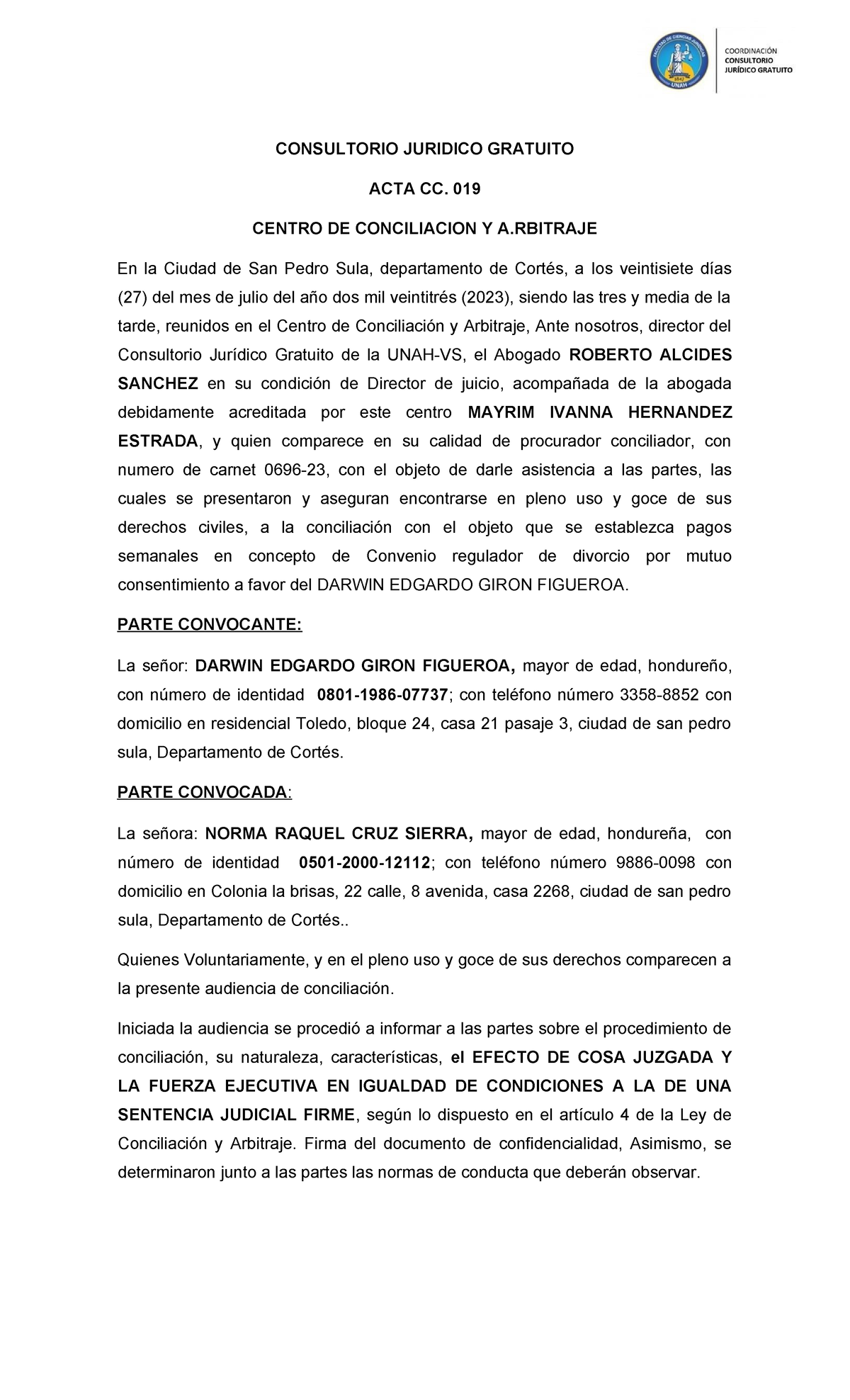 ACTA DE CONCILIACIÓN CC. 019: Divorcio por Mutuo Consentimiento - Studocu