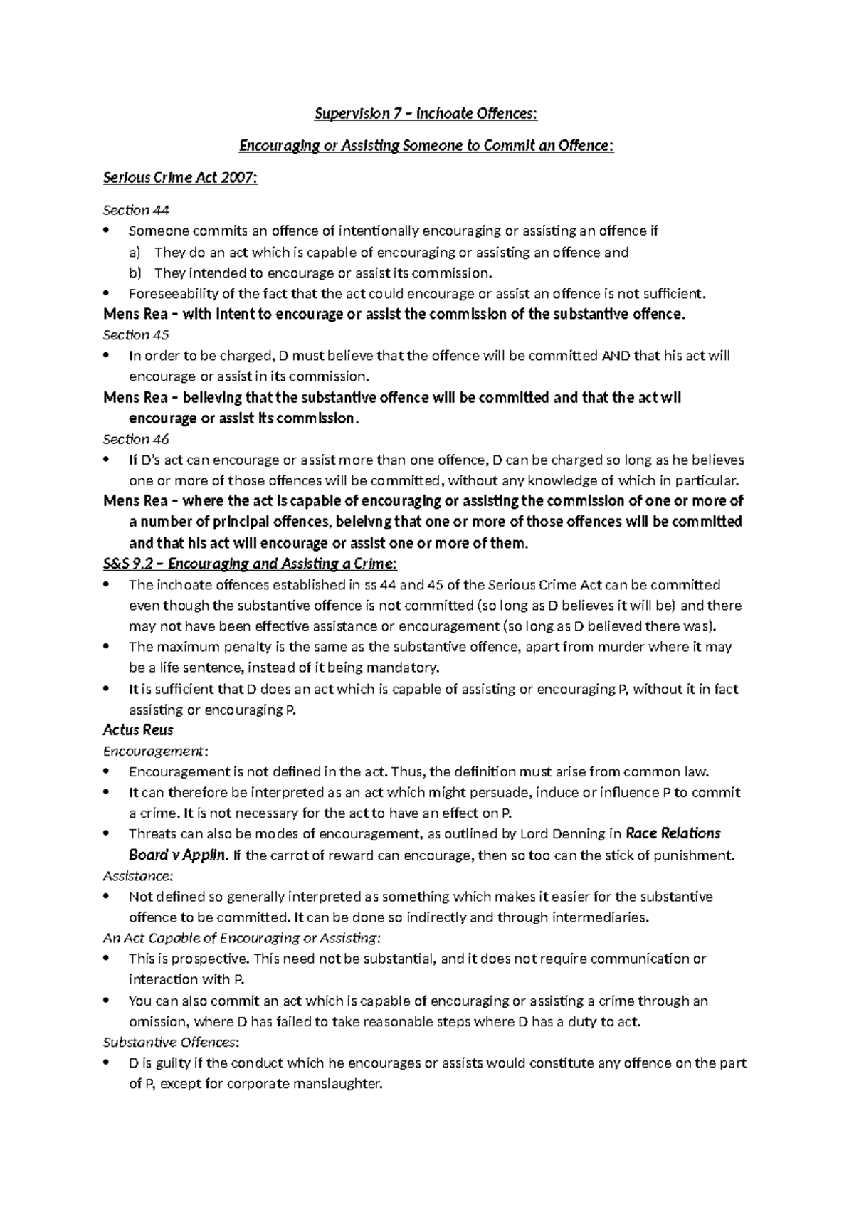 Supervision 7 - Detailed Study of Inchoate Offences and Encouragement ...