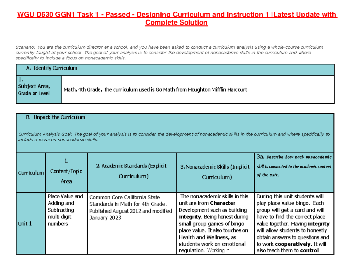 WGU D630 GGN1 Task 1: Curriculum Analysis for 4th Grade Math - Studocu