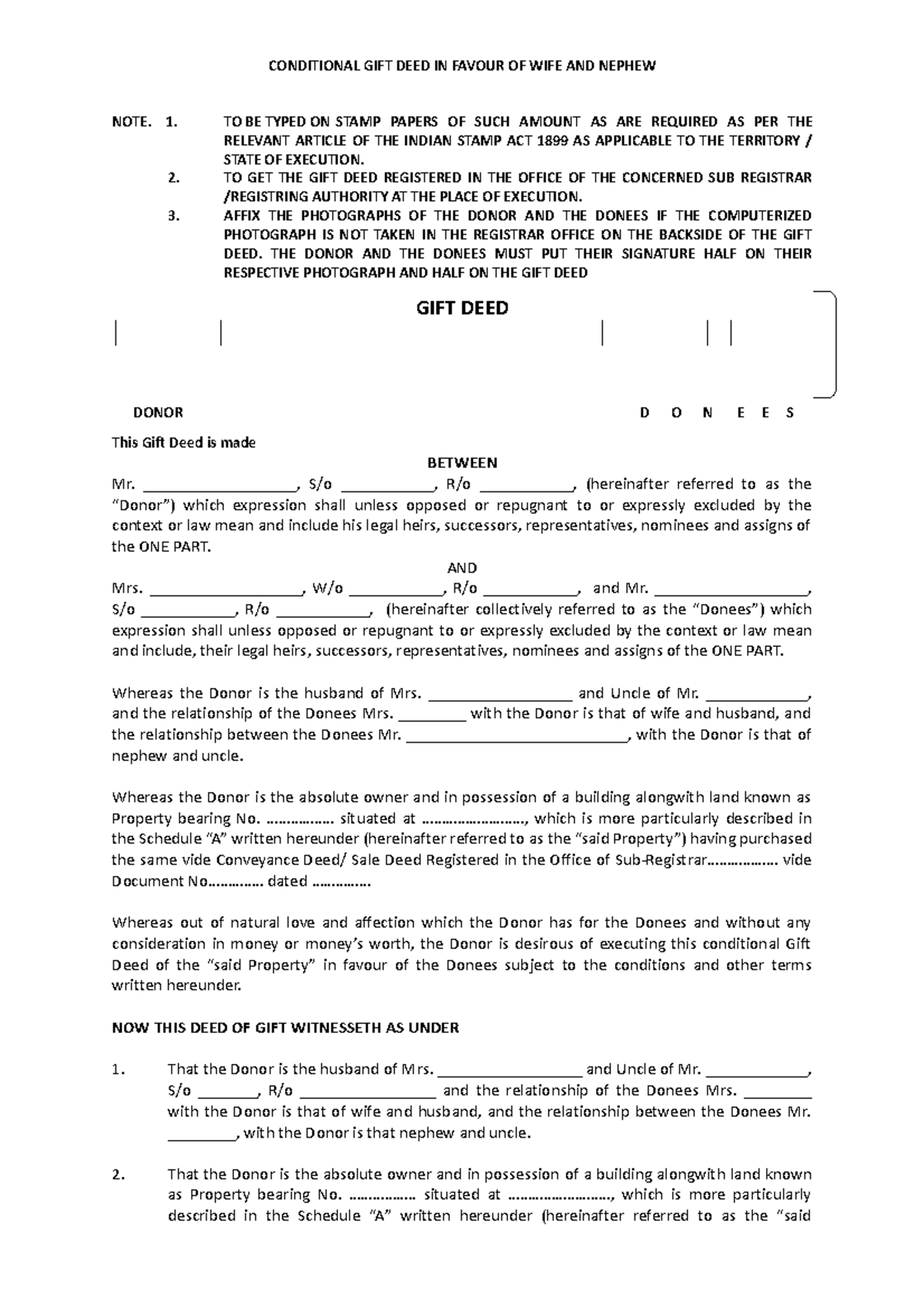 Conditional Gift Deed Model for Wife and Nephew - Studocu