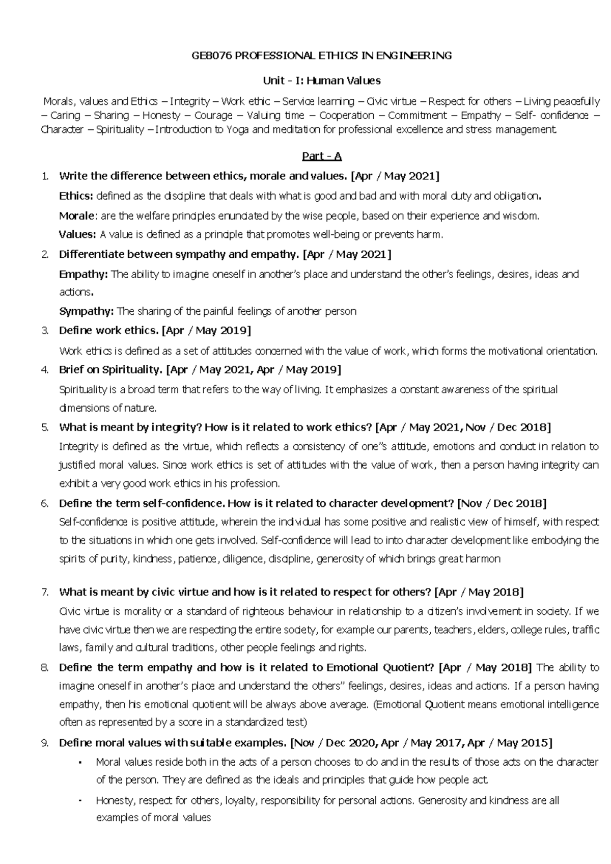 GE8076 PROFESSIONAL ETHICS IN ENGINEERING Unit I Question Bank - Studocu