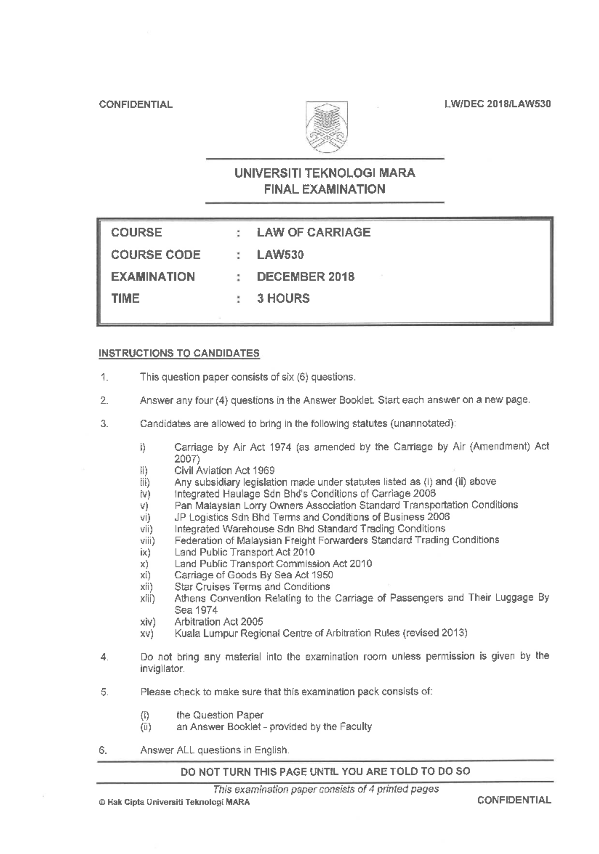 LAW530 Final Exam: Law of Carriage December 2018 Question Paper - Studocu