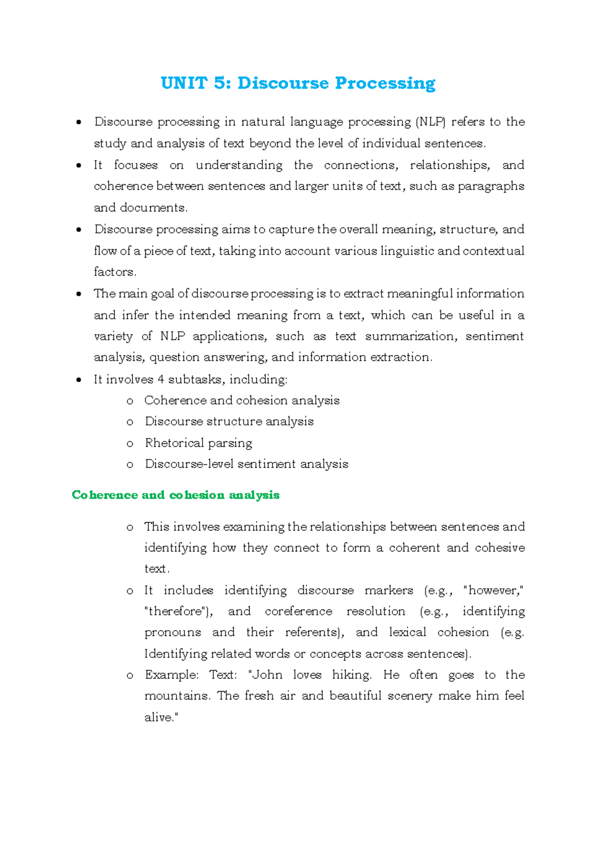 NLP UNIT 5: Discourse Processing and Language Modeling Notes - Studocu